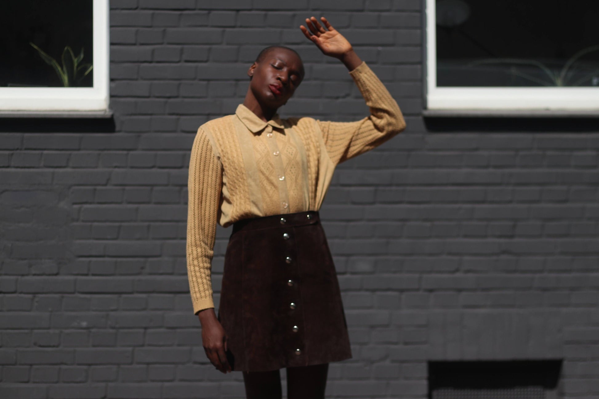 Vintage 70s Perforated Long Sleeved brown top| Minimalist blouse Capsule wardrobe