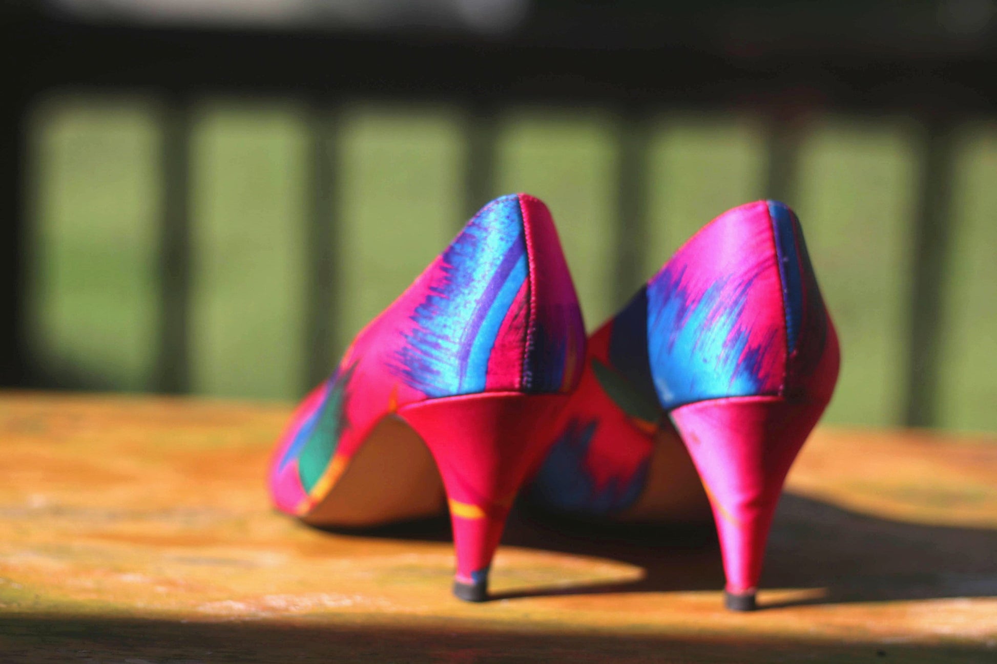 Rare 80s Capri Colorful Pumps| Vintage Multi colored bold heels| Maximalist Pink pointed toe stilettos