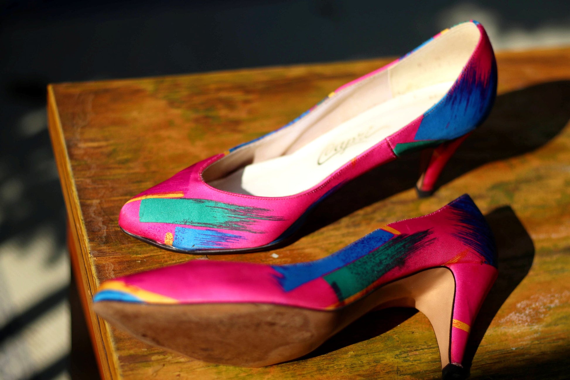 Rare 80s Capri Colorful Pumps| Vintage Multi colored bold heels| Maximalist Pink pointed toe stilettos