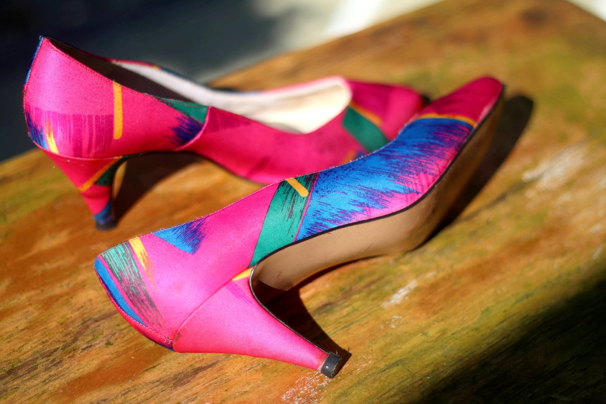 Rare 80s Capri Colorful Pumps| Vintage Multi colored bold heels| Maximalist Pink pointed toe stilettos