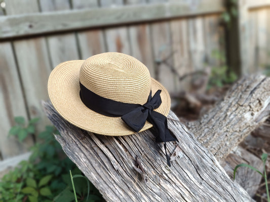 70s Scala Straw Hat|Vintage Summer hat with black bow| Cottage core chic minimalist ladylike hat