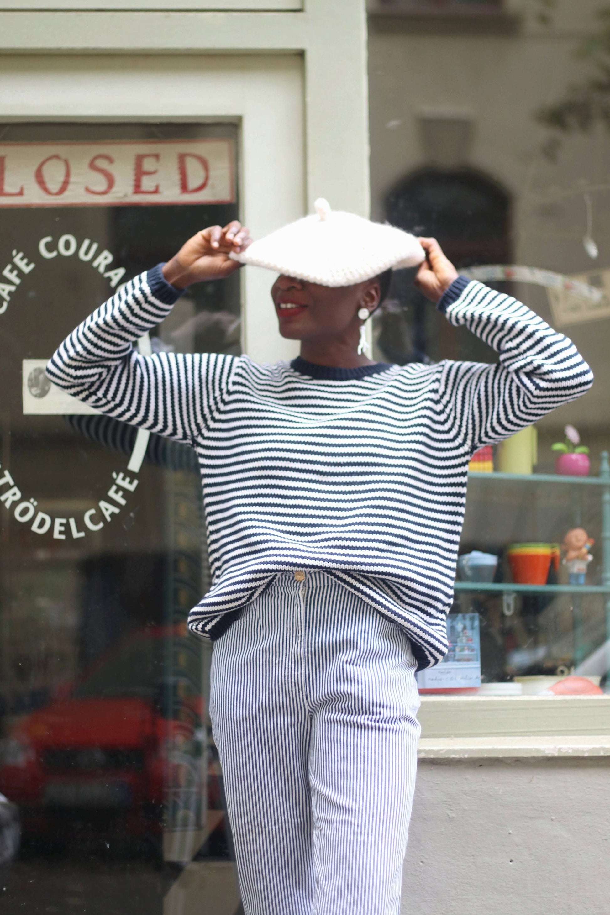 90s Striped Pants| Vintage Minimalist Breton stripes trousers in blue and white| Capsule Wardrobe jeans