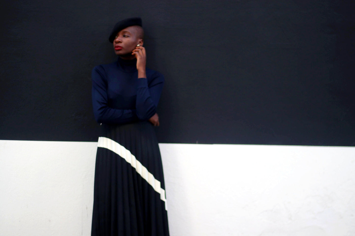 Vintage monochrome Pleated Skirt| 80s black and white minimalist skirt| Striped midi skirt