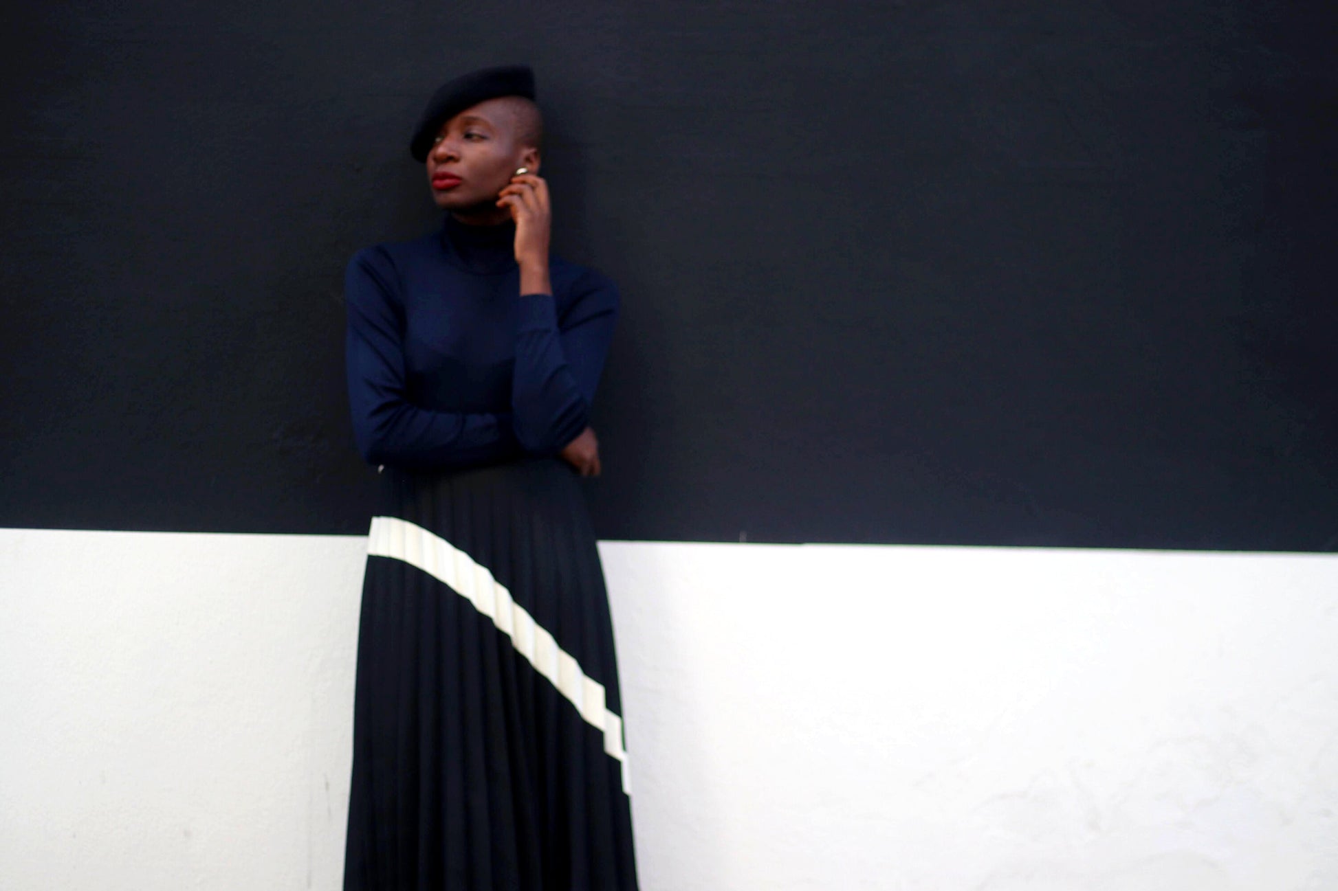 Vintage monochrome Pleated Skirt| 80s black and white minimalist skirt| Striped midi skirt