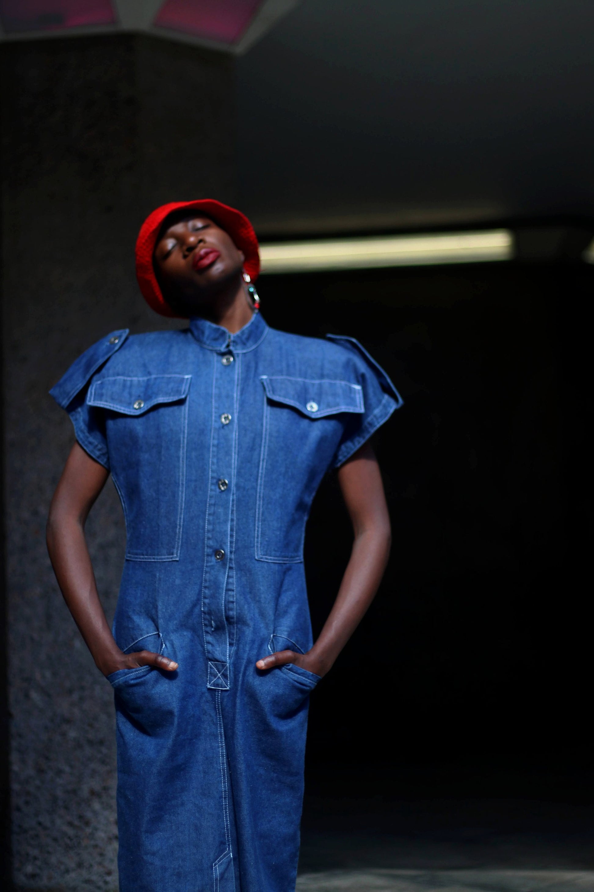 90s denim dress| Vintage military-inspired blue denim dress| Minimalist avantgarde streetstyle hero jeans dress.