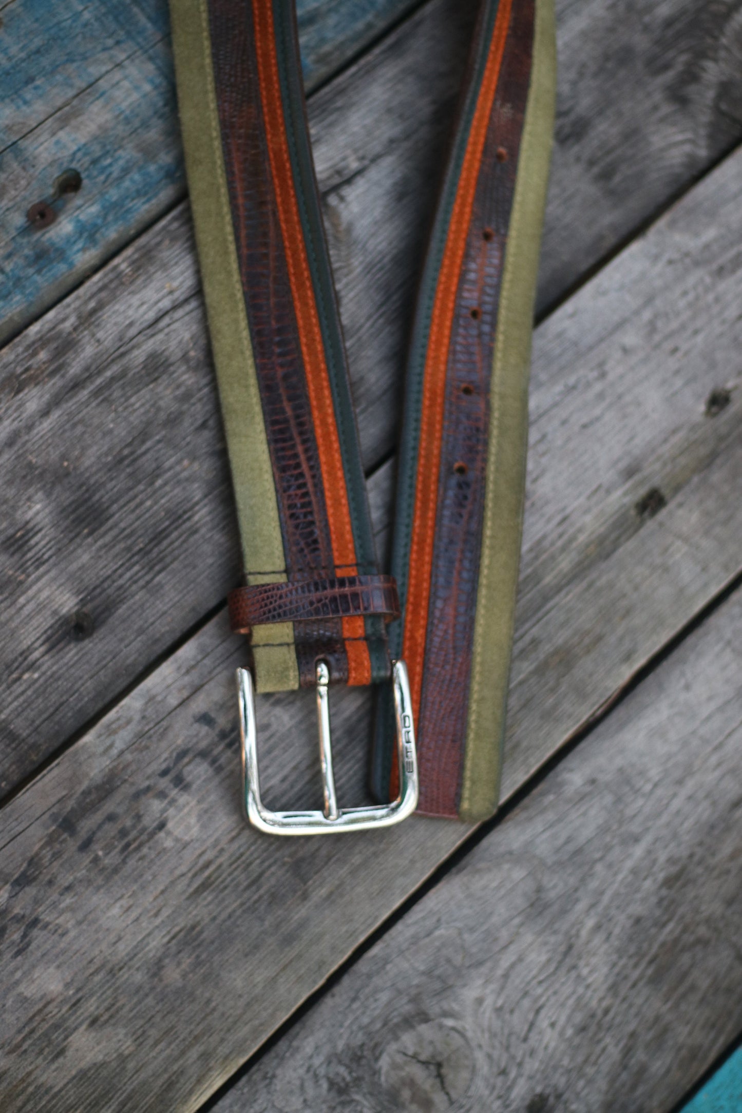 90s Etro Leather Belt | Vintage striped designer belt| Maximalist green and brown belt