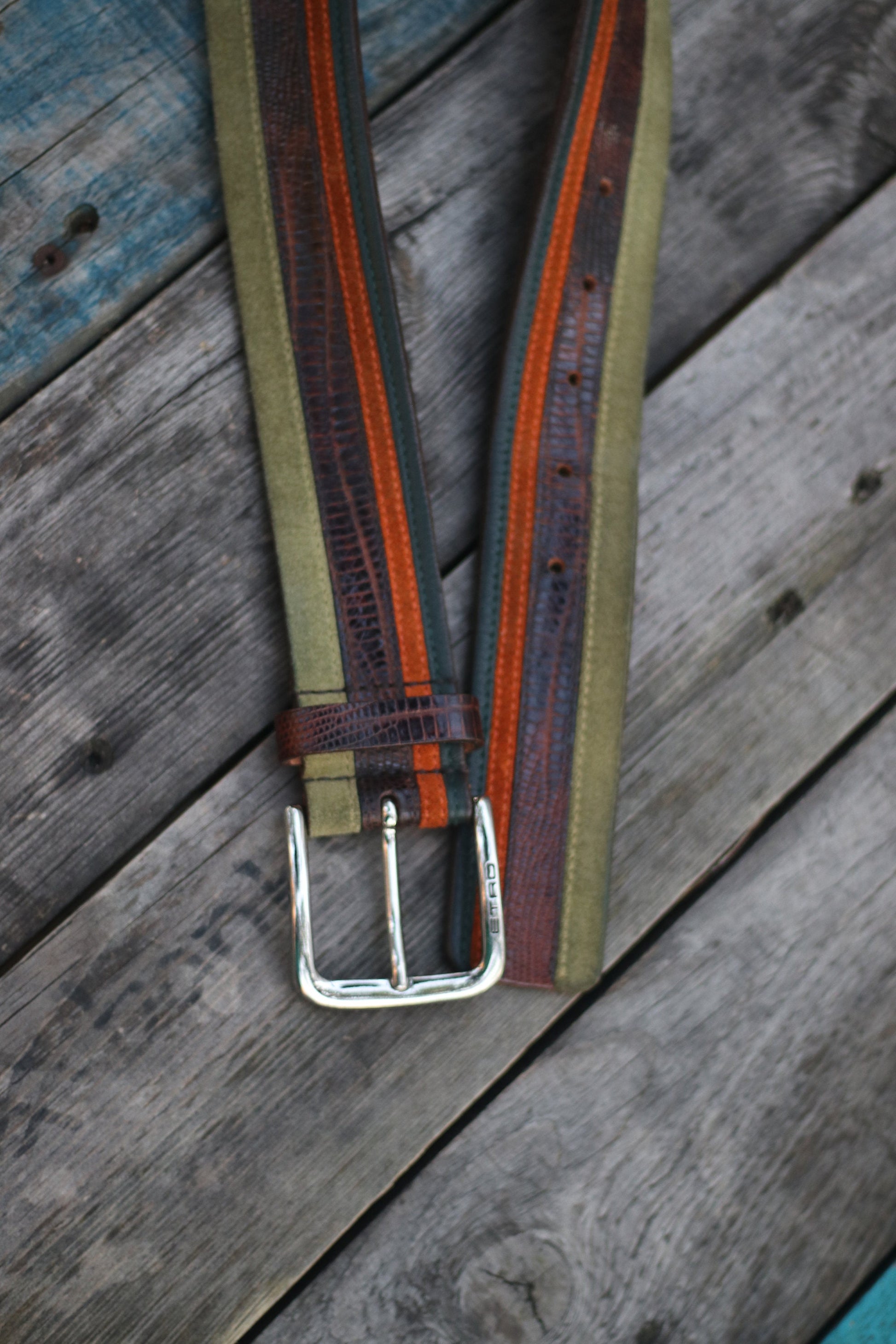 90s Etro Leather Belt | Vintage striped designer belt| Maximalist green and brown belt
