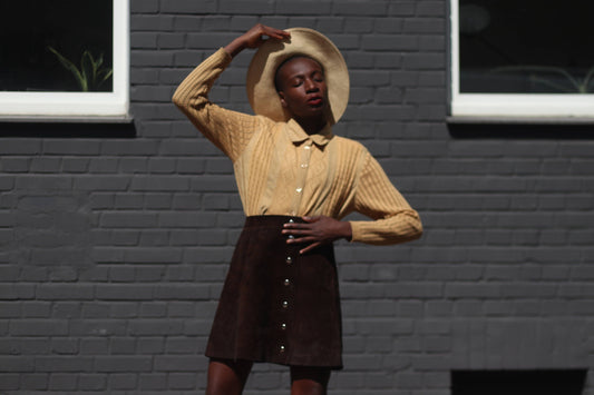 Vintage 70s Perforated Long Sleeved brown top| Minimalist blouse Capsule wardrobe