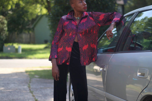 y2k red Jaclyn Smith Blouse| Gothic-inspired Grunge short blouse with black floral print
