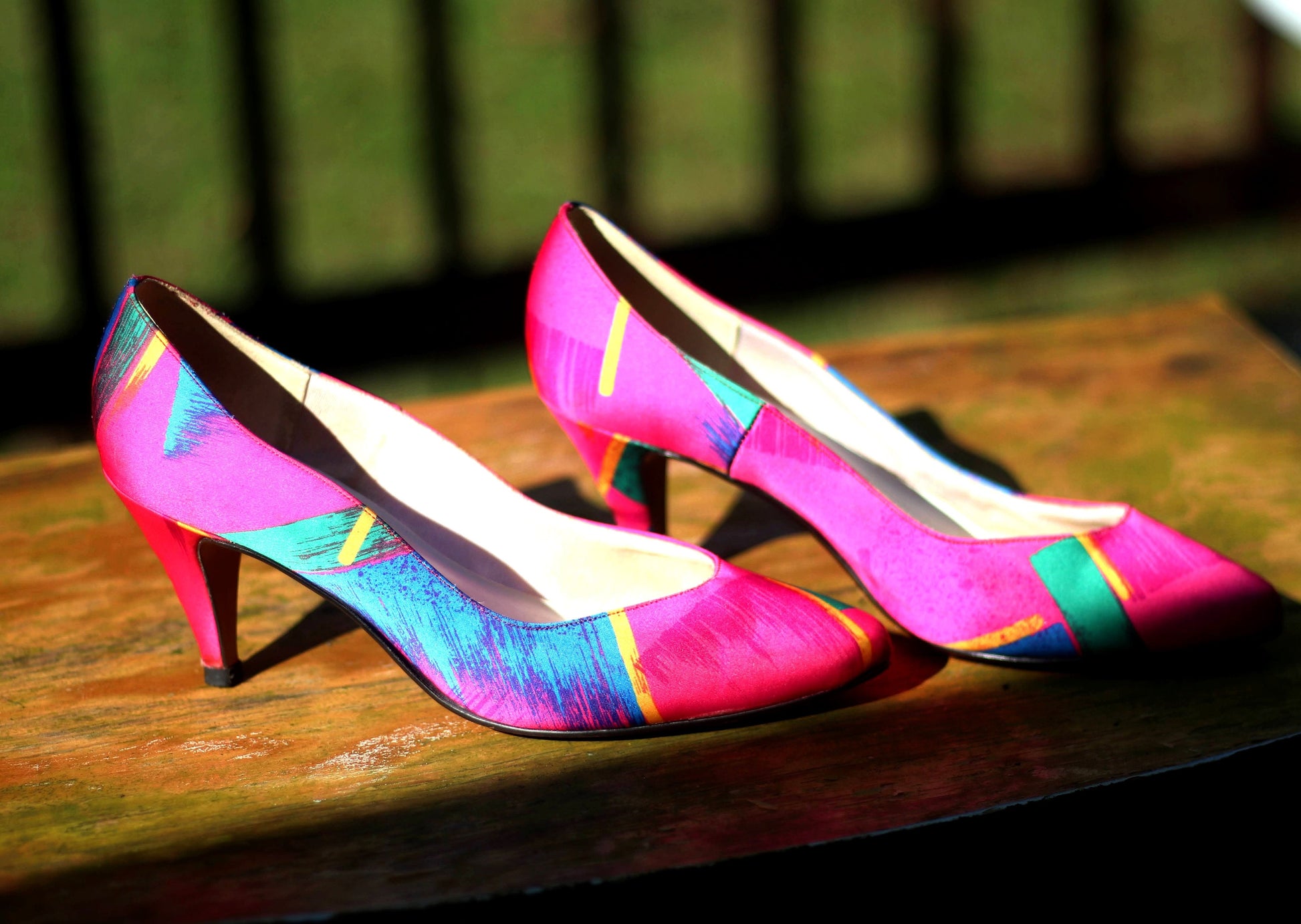 Rare 80s Capri Colorful Pumps| Vintage Multi colored bold heels| Maximalist Pink pointed toe stilettos