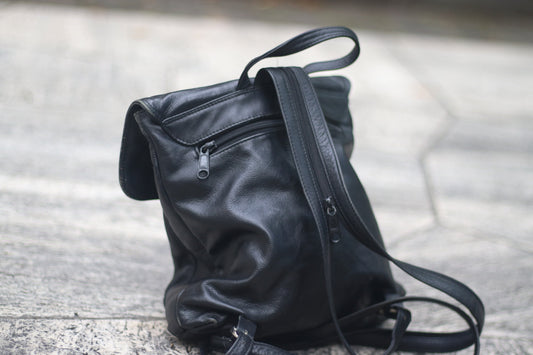 y2k leather backpack | Vintage black compact off duty bag| Purist minimalist backpack bag