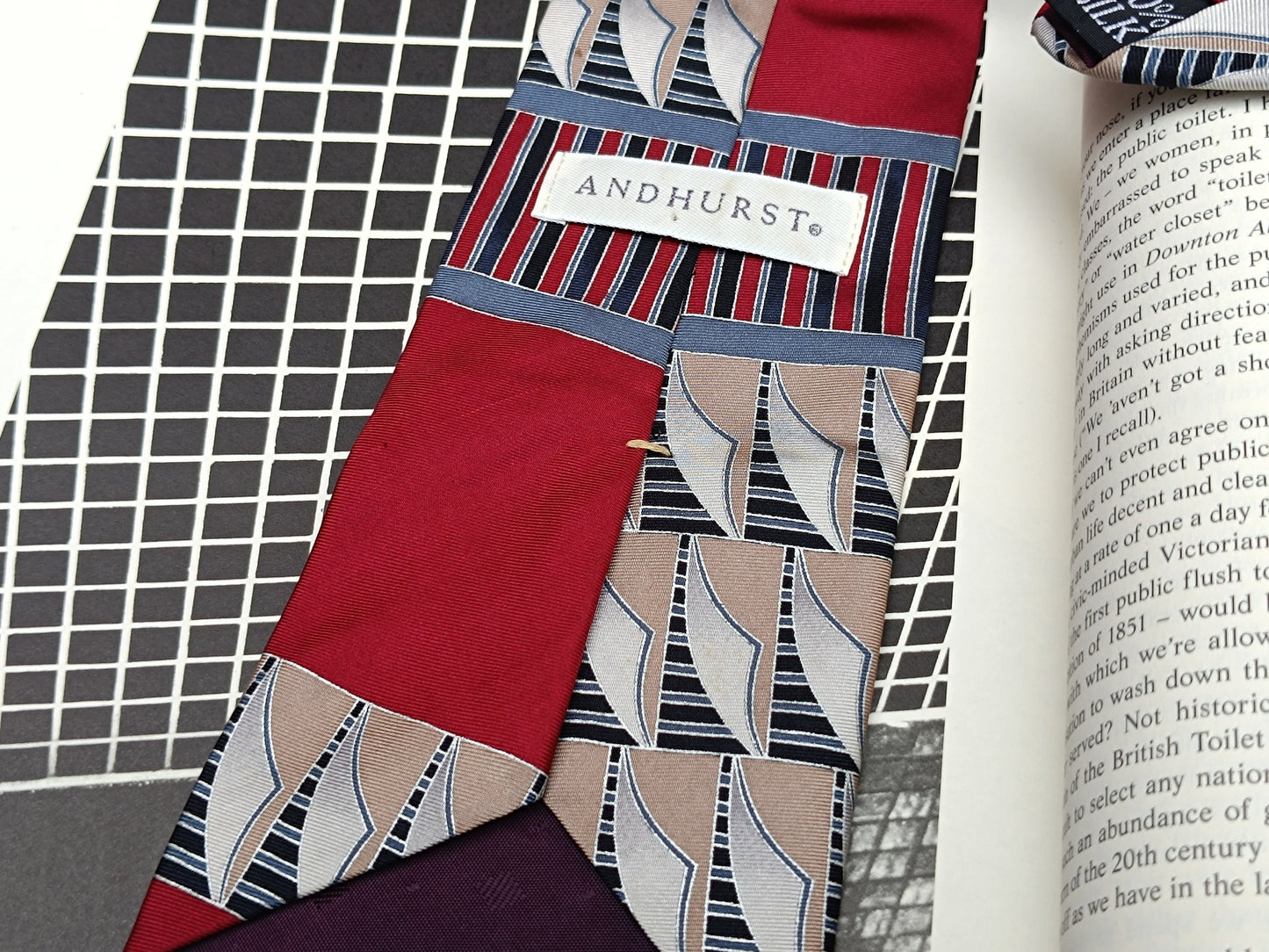 80s Andhurst Silk Tie | Vintage maritime inspired heritage necktie in red| Menswear boat print unisex suiting up accessory