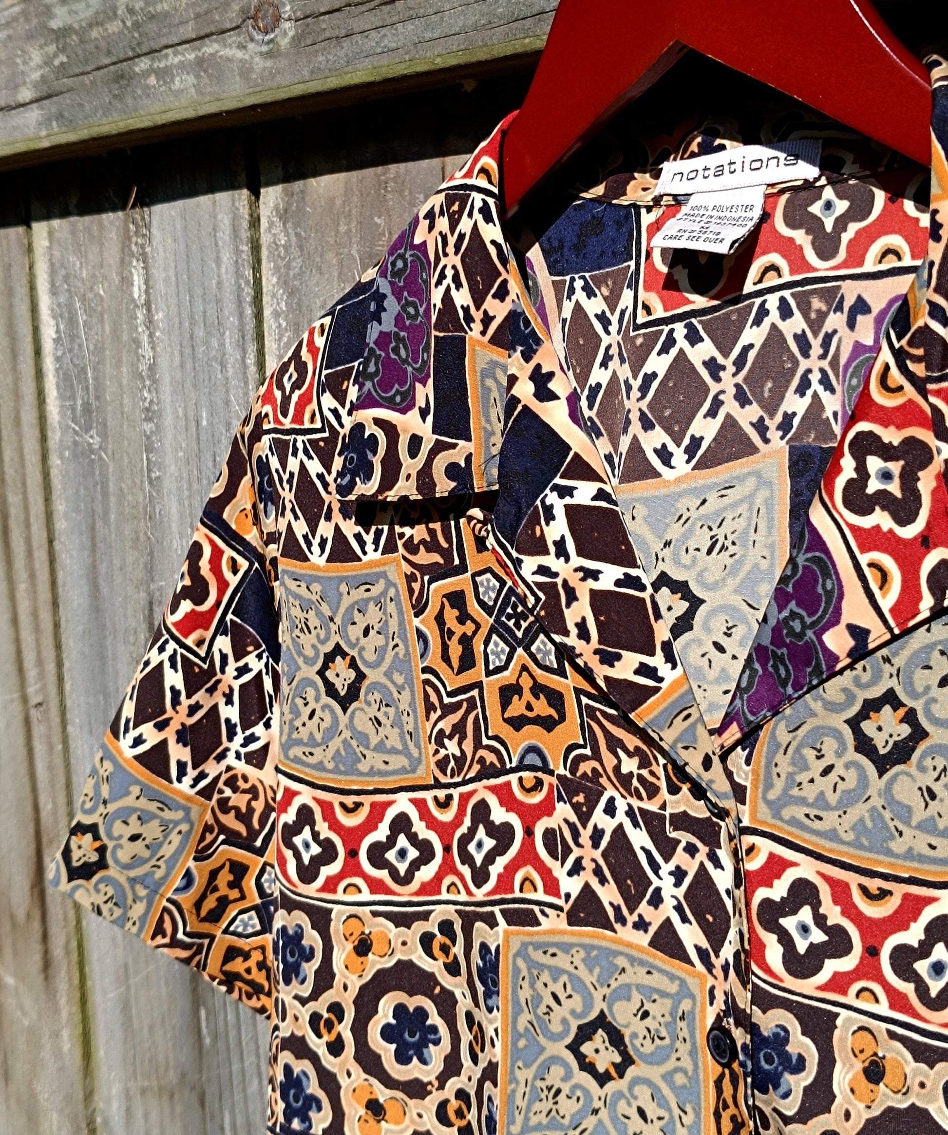 Notations Abstract Print Brown Blouse| 80s Vintage ethnic print shirt| Maximalist buttoned down print design