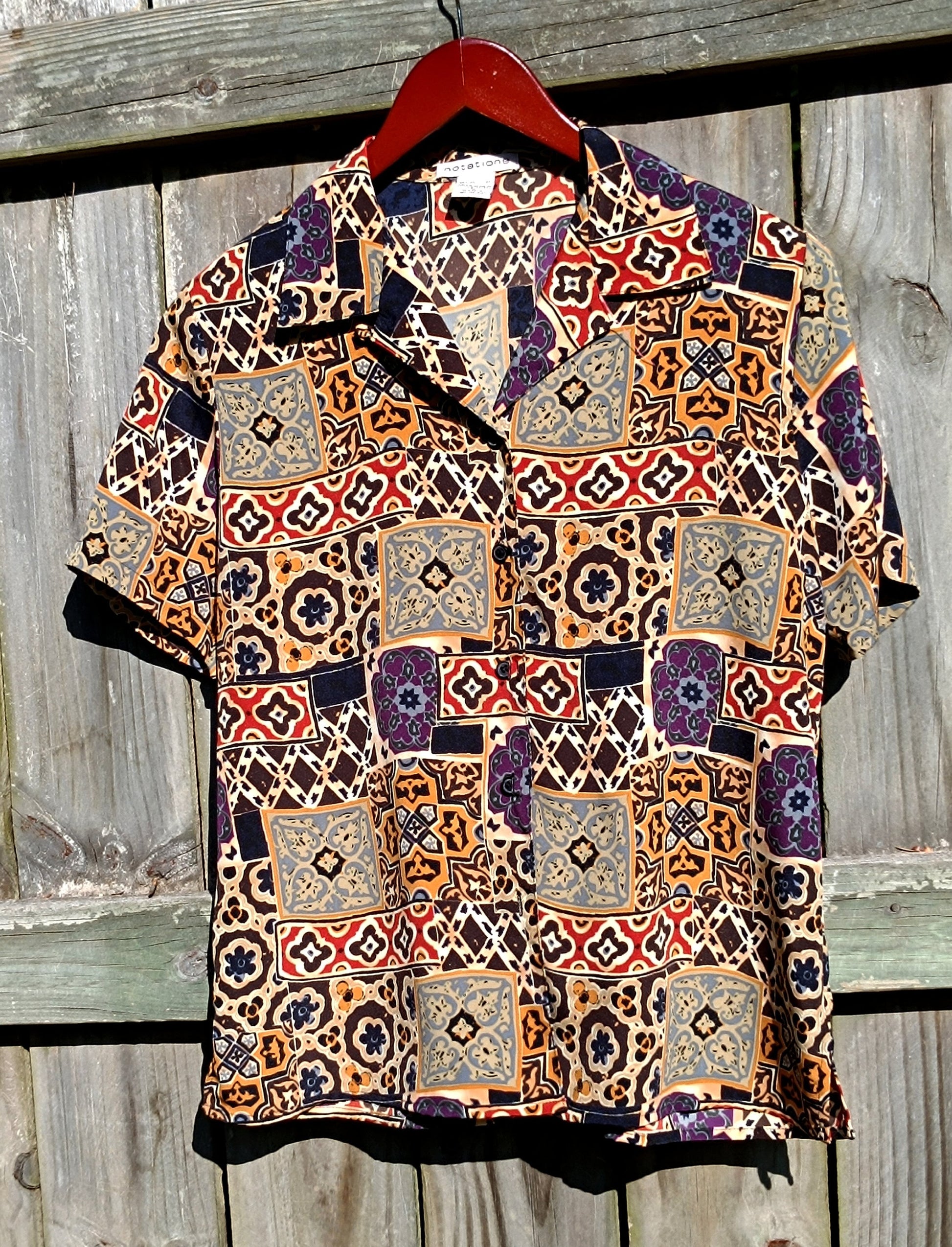 Notations Abstract Print Brown Blouse| 80s Vintage ethnic print shirt| Maximalist buttoned down print design