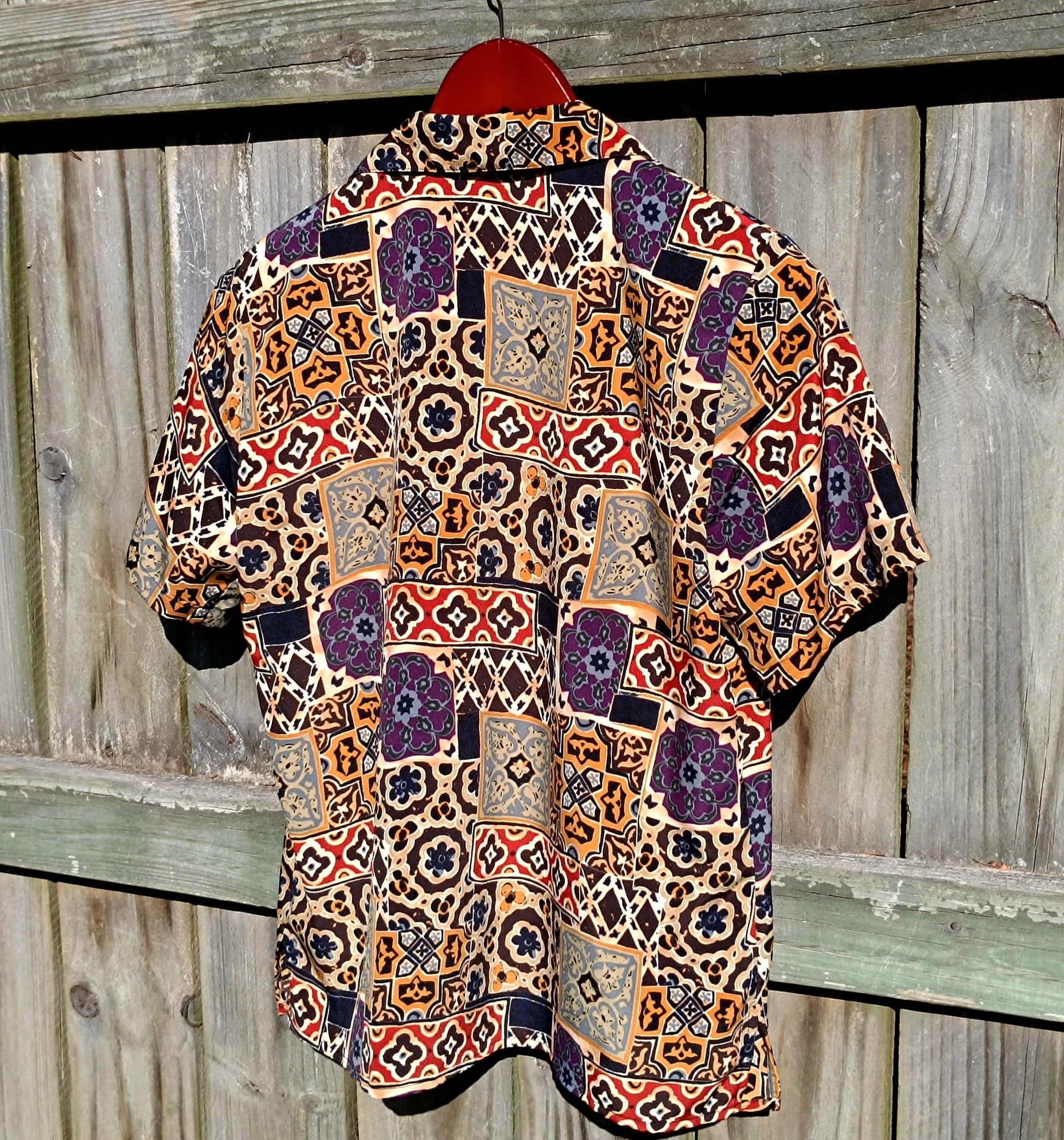 Notations Abstract Print Brown Blouse| 80s Vintage ethnic print shirt| Maximalist buttoned down print design