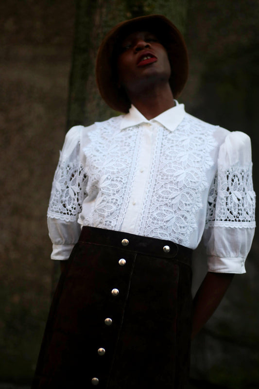 Spranger Modell Blouse | Vintage Cottage Core White Blouse| Feminine Country Chic design with floral cut outs.
