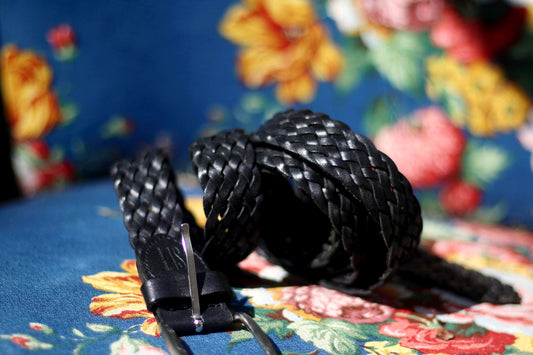 90s Black Woven Leather Belt | Vintage Bohemian Designer belt | Minimalist capsule collection belt| Schuchard & friese belt