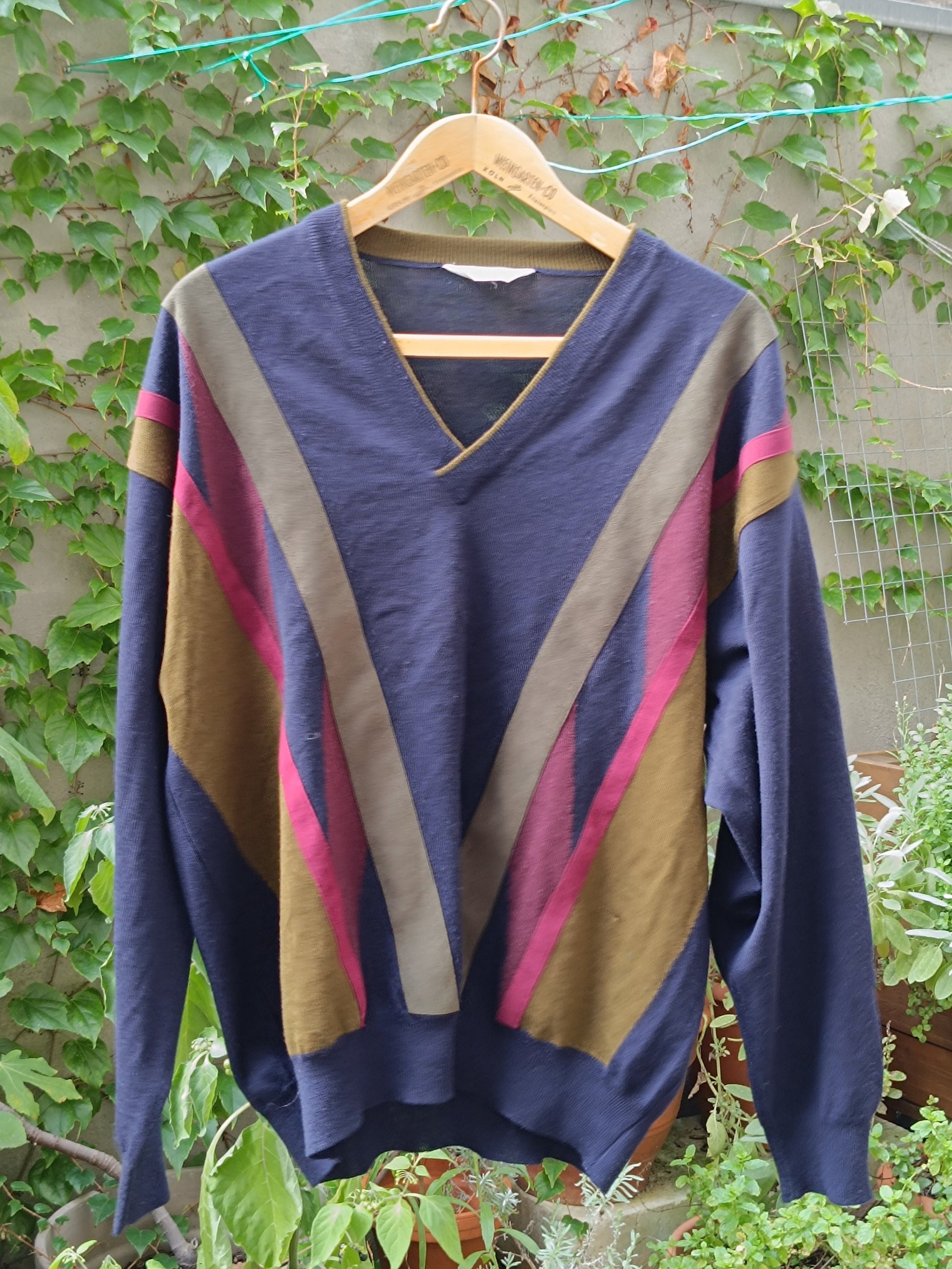90s Masque sweater| Vintage Striped hipster multicolored knit| Unisex v neck| long sleeved sporty wool pullover