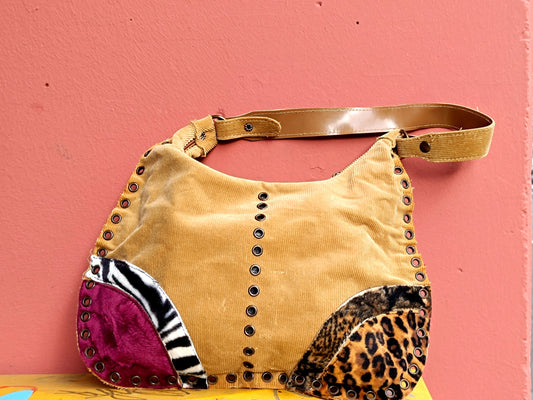 Vintage Patchwork Bag| Y2K kitch brown canvas handbag| Streetstyle rave bag