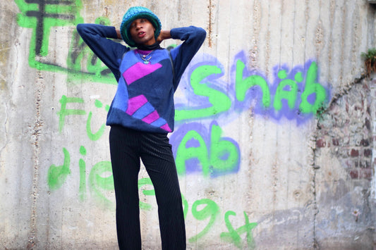 80s Marco Pecci Color blocking Knit| Vintage geometric fuzzy sweater| Blue long sleeved crazy print winter jumper