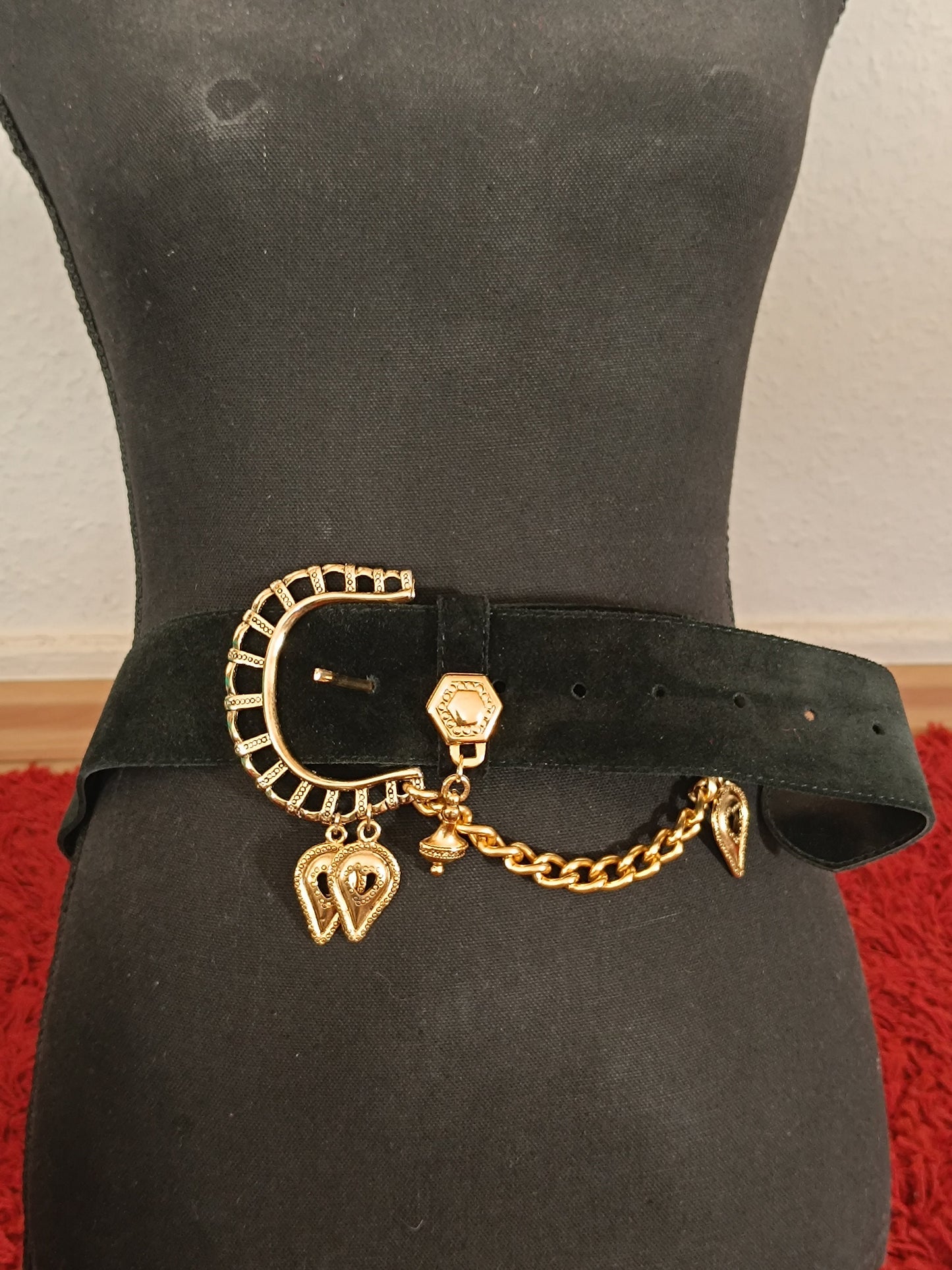 80s Suede Belt with statement charms| Maximalist black belt with gold colored details| Statement Chain belt