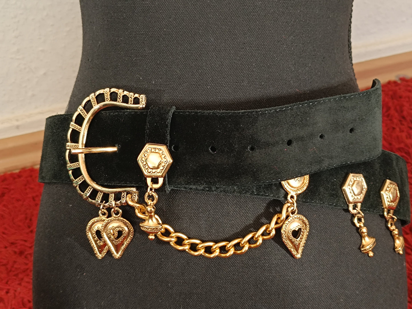 80s Suede Belt with statement charms| Maximalist black belt with gold colored details| Statement Chain belt