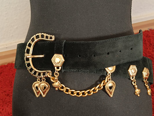80s Suede Belt with statement charms| Maximalist black belt with gold colored details| Statement Chain belt