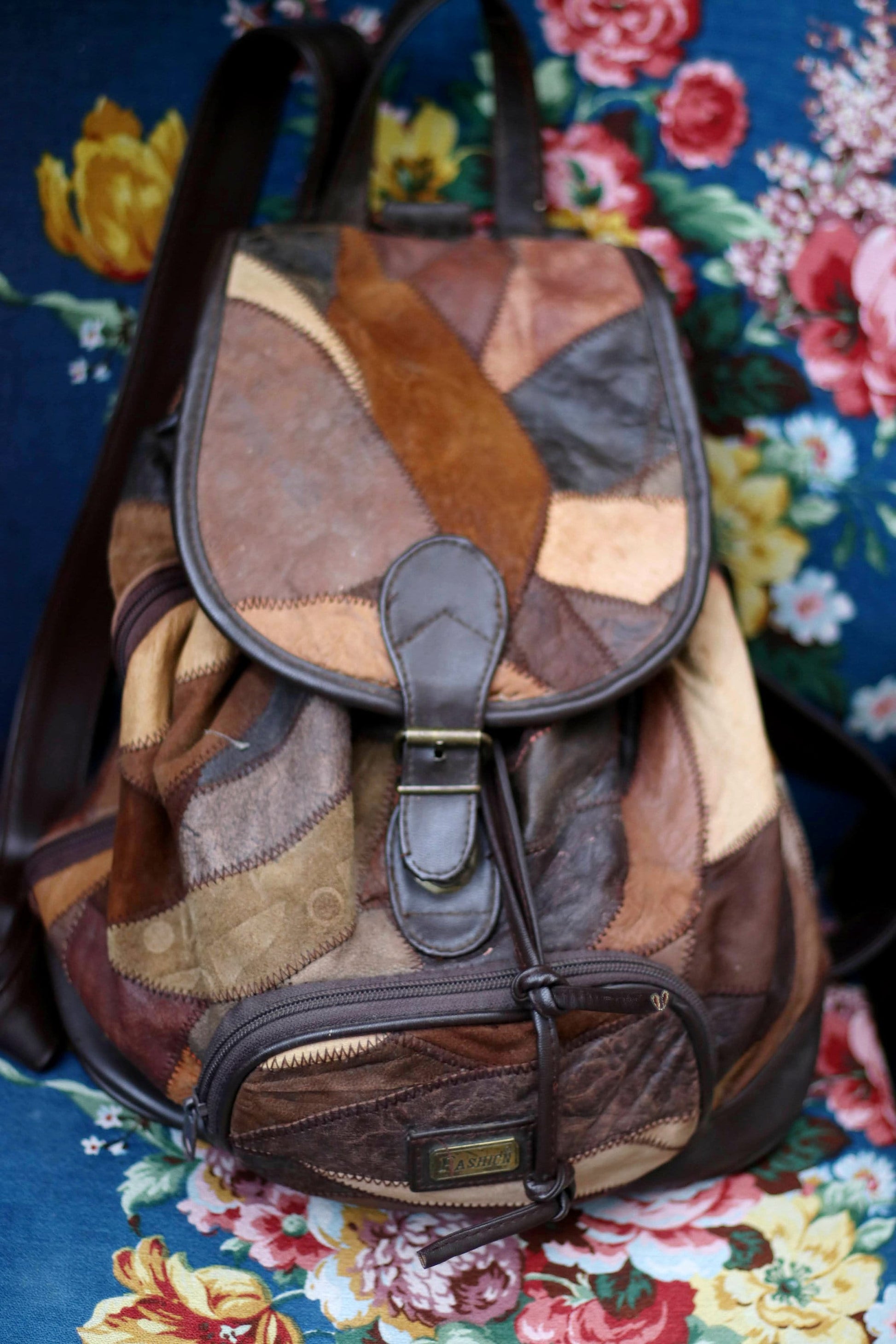 80s Leather Patchwork Backpack| Vintage brown bohoncool bag| Hippy maximalist compact bag design