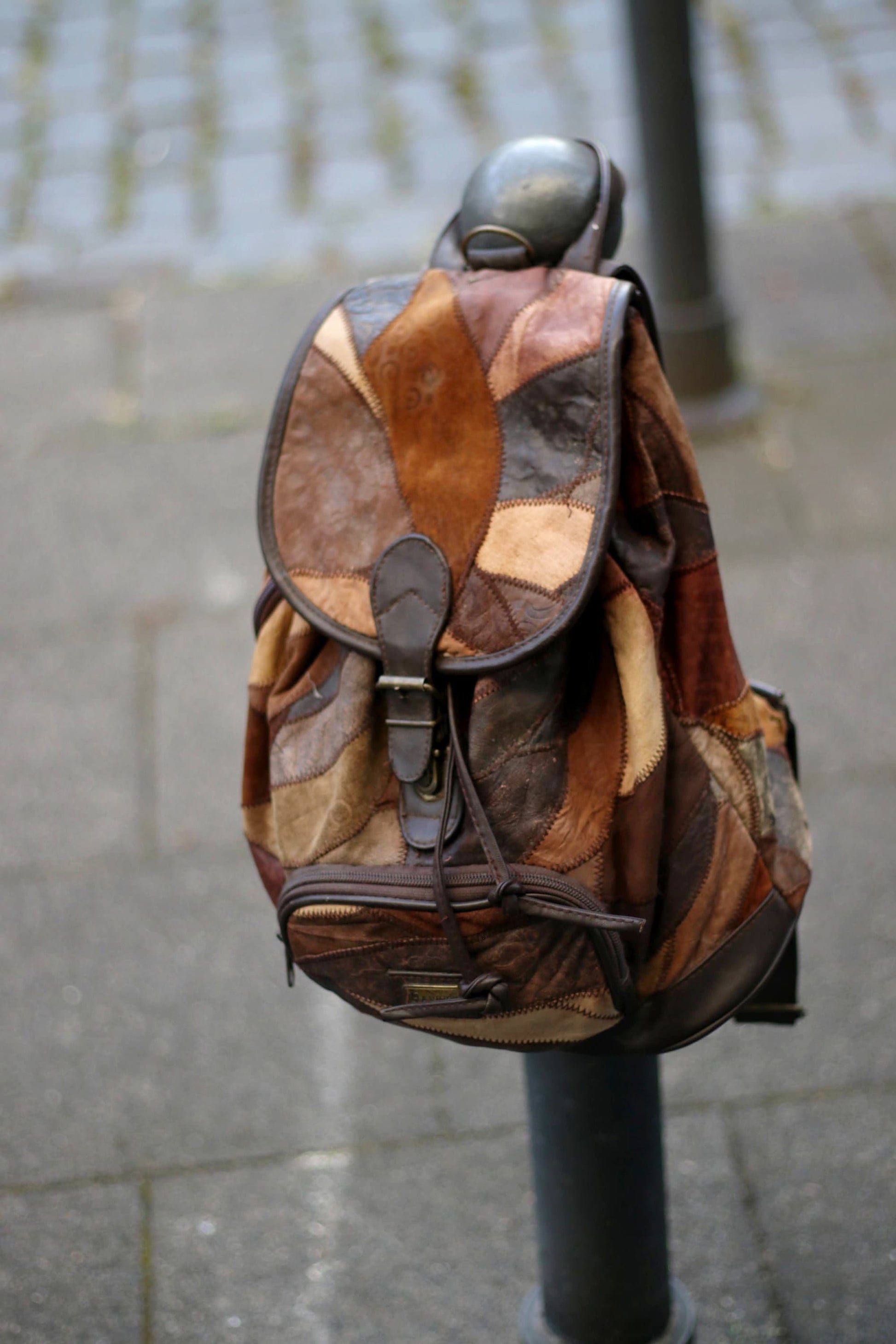 80s Leather Patchwork Backpack| Vintage brown bohoncool bag| Hippy maximalist compact bag design