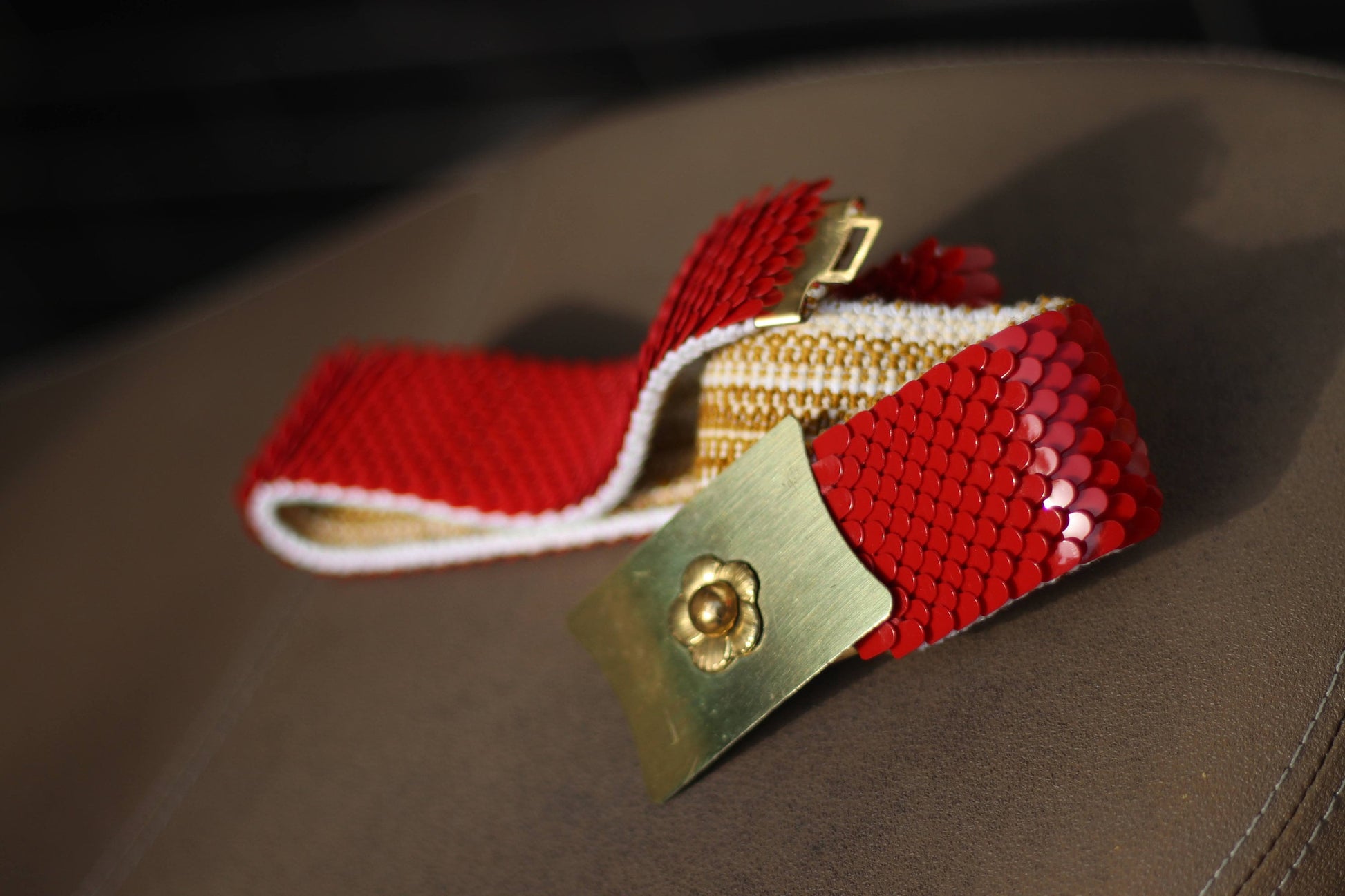 70s Sequinned Belt with gold colored buckle| maximalist retro belt| Vintage glamorous red party belt
