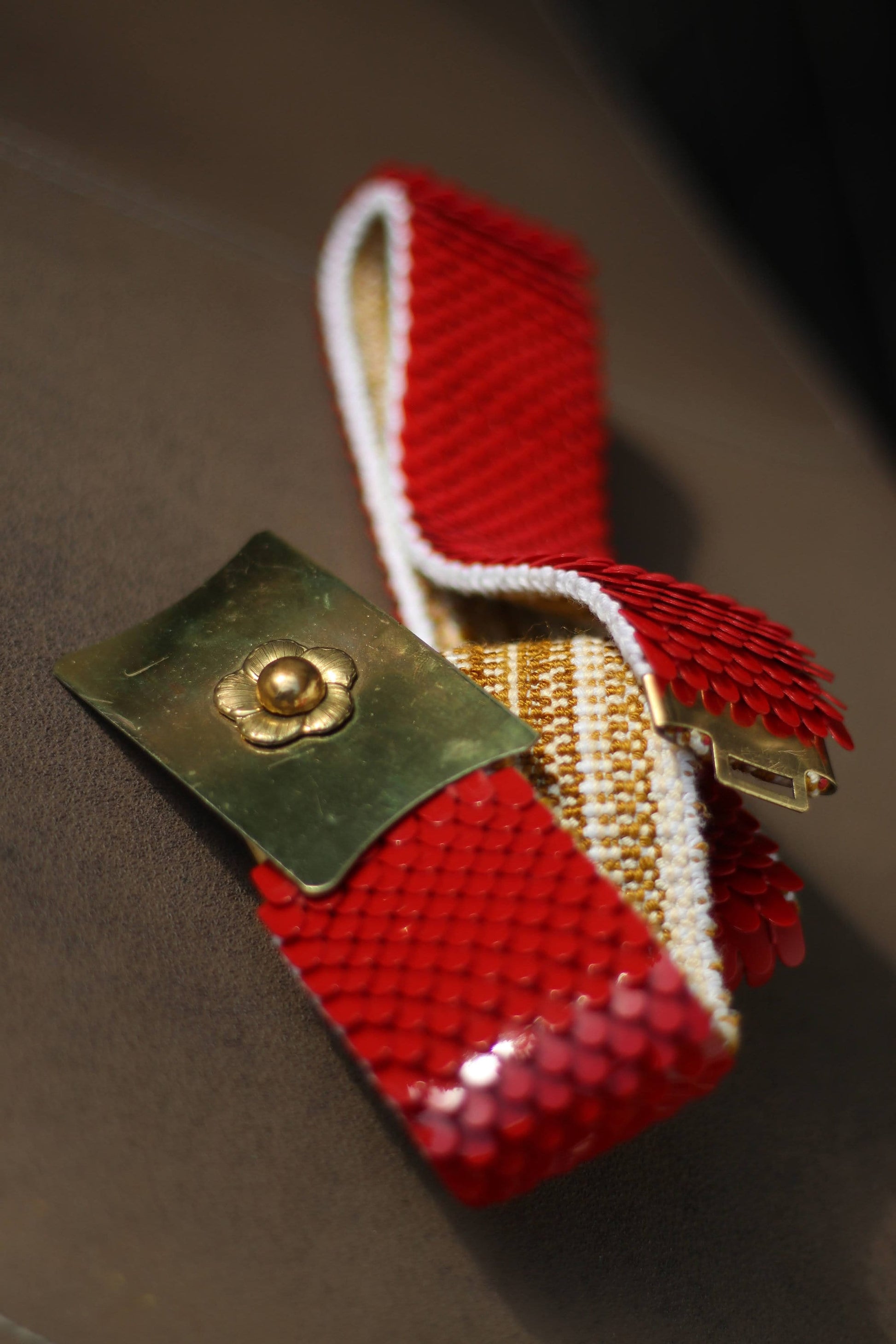 70s Sequinned Belt with gold colored buckle| maximalist retro belt| Vintage glamorous red party belt