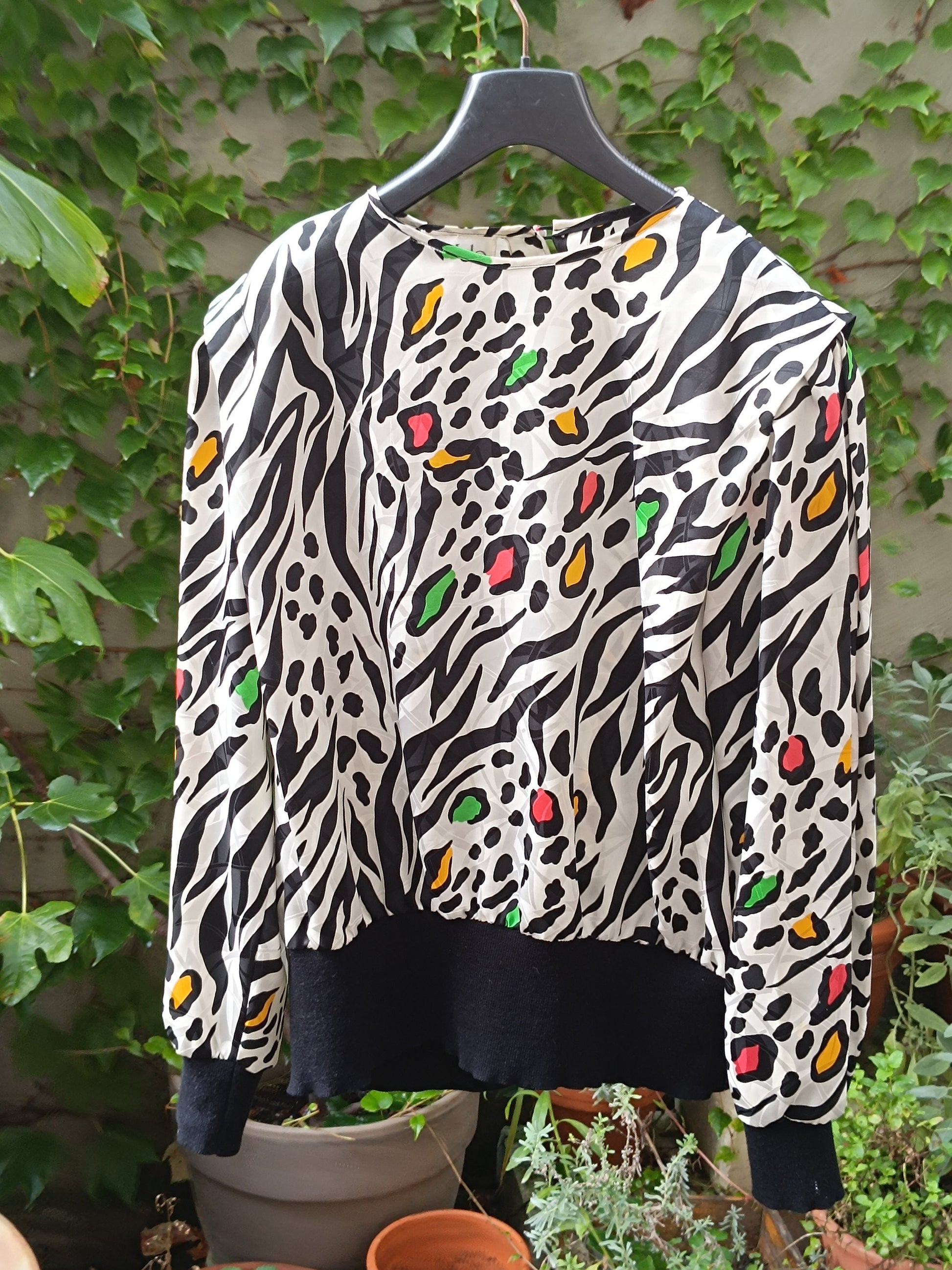 80s St Malo Blouse | Vintage animal print tunic| Monochrome black and white design| Crazy print Maximalist long sleeved top