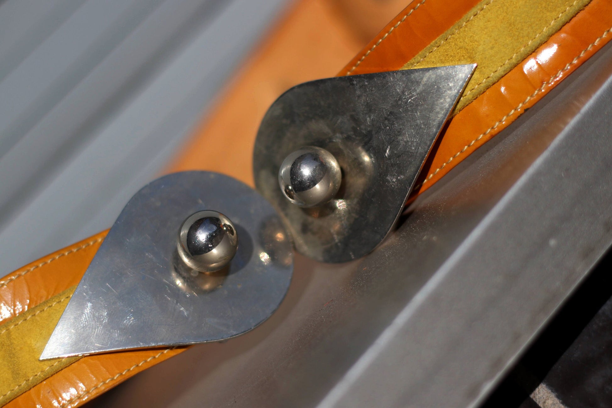 80s Striped Belt | Vintage orange leather waist belt with statement metallic buckle