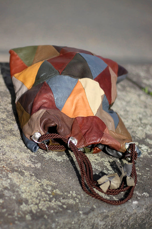 90s patchwork leather bag| Vintage brown and grey statement compact boho handbag| On trend bohemian handbag| Maximalist compact shoulderbag