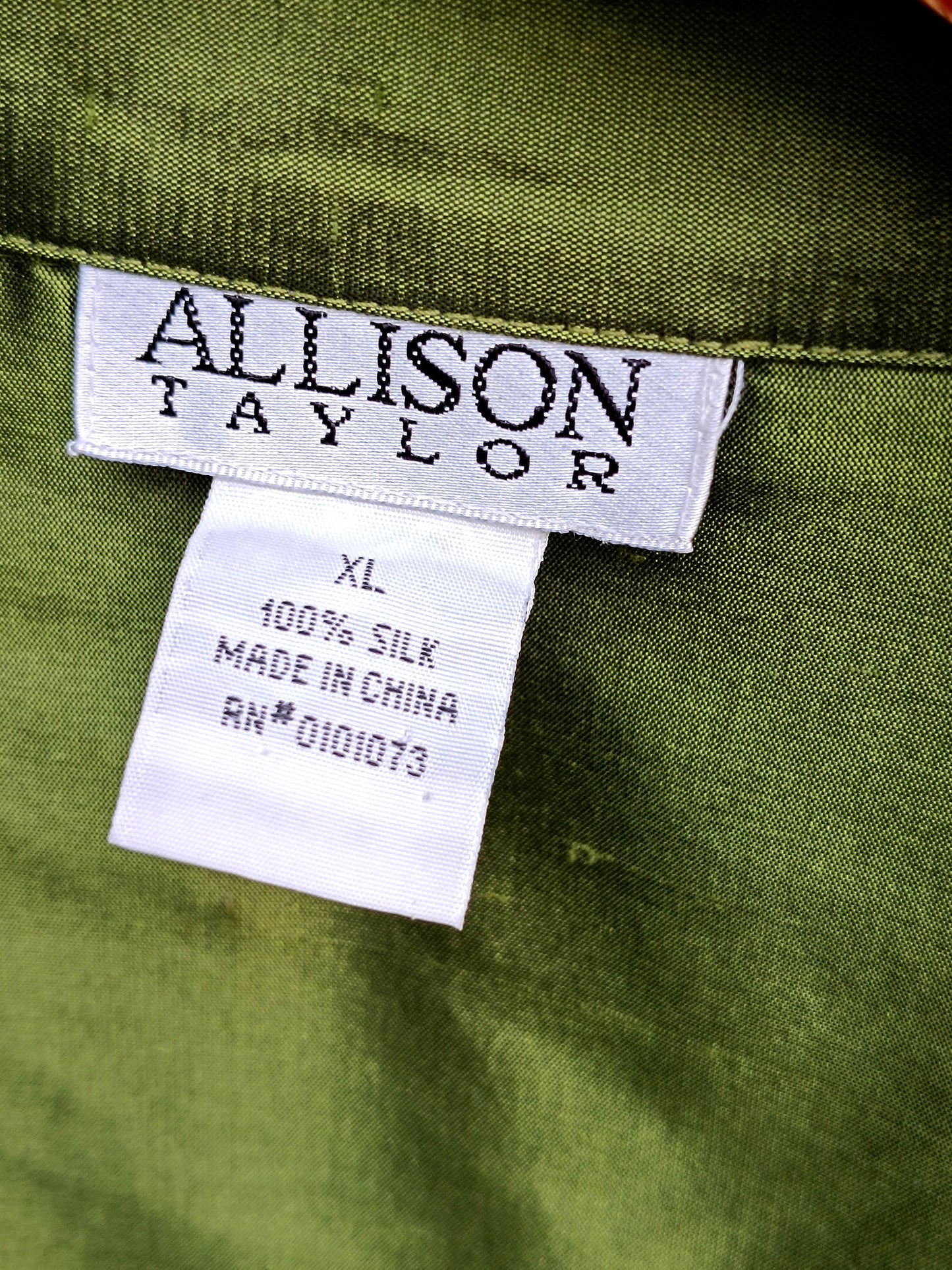 90s Allison Taylor Silk Blouse| Vintage Green Buttoned down silk shirt | Glamorous evening design