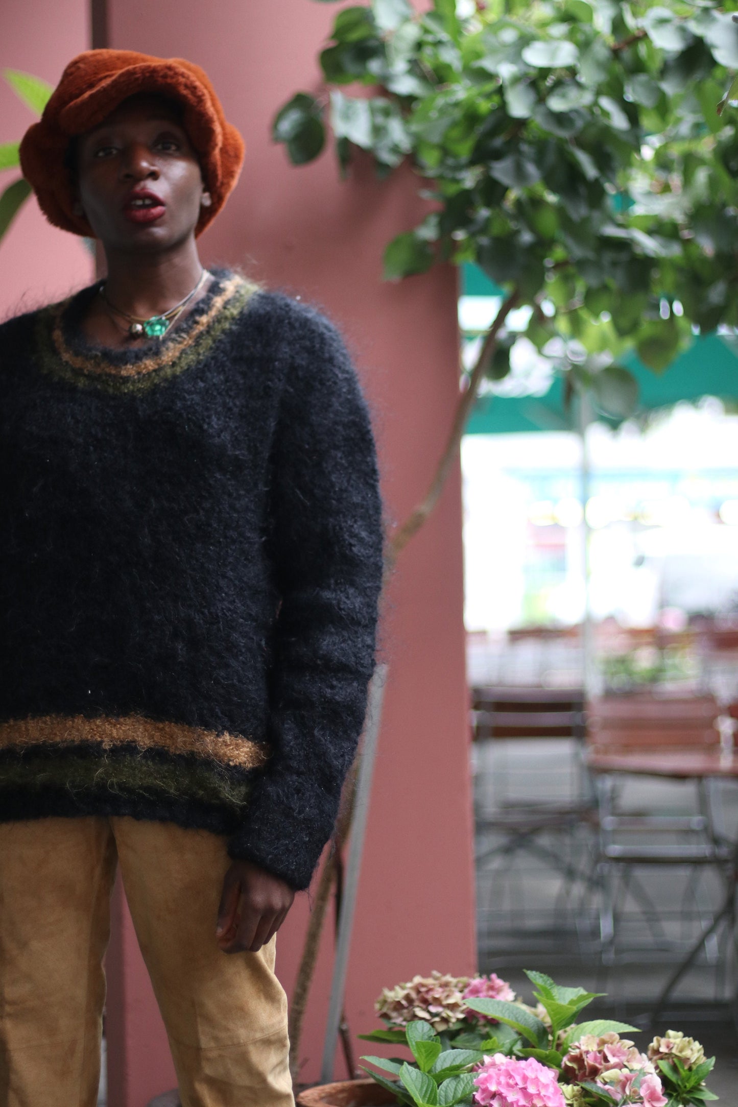 70s Fuzzy handmade Sweater| Vintage Black Striped Winter Knit| Long sleeved crew neck sweater