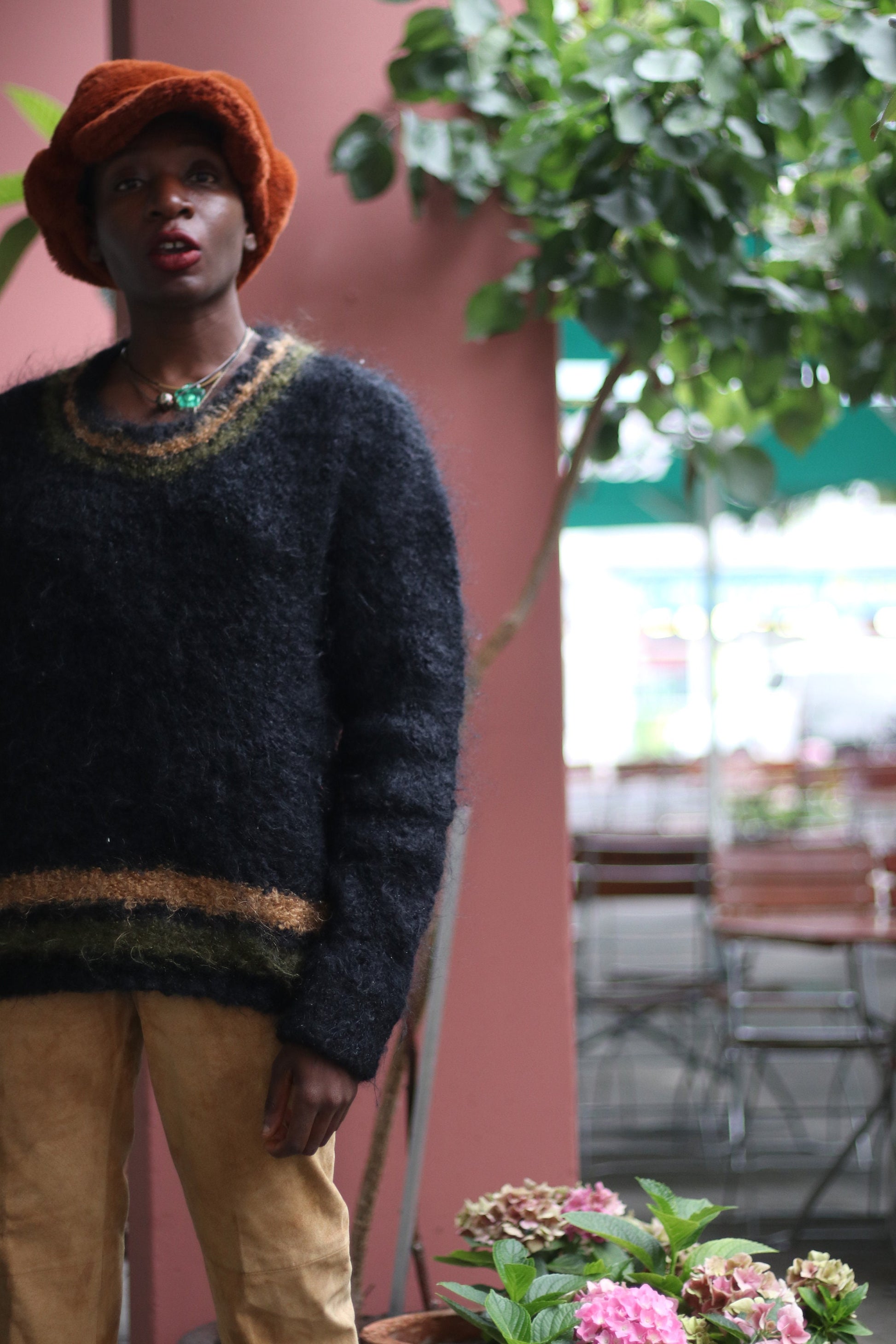 70s Fuzzy handmade Sweater| Vintage Black Striped Winter Knit| Long sleeved crew neck sweater