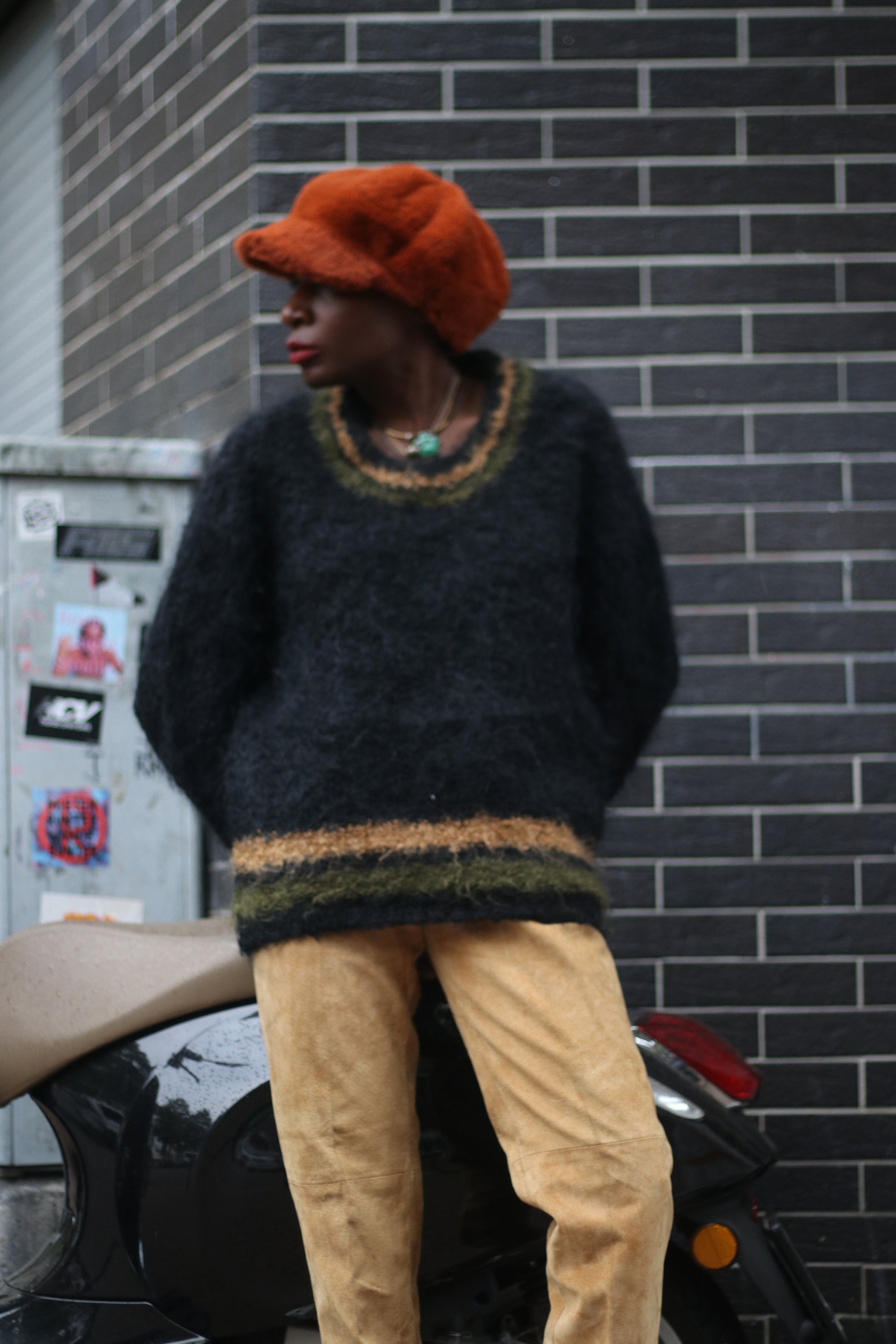 70s Fuzzy handmade Sweater| Vintage Black Striped Winter Knit| Long sleeved crew neck sweater