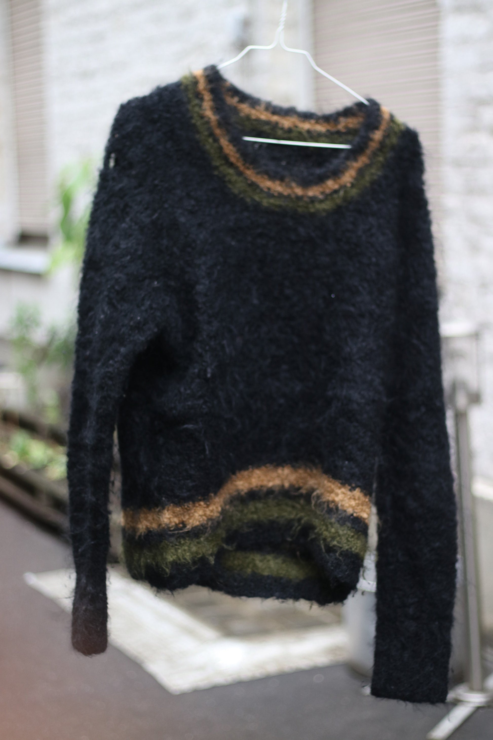 70s Fuzzy handmade Sweater| Vintage Black Striped Winter Knit| Long sleeved crew neck sweater