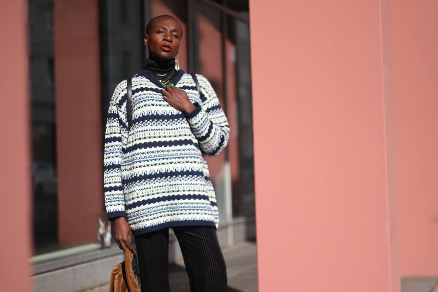 90s knitted sweater| Vintage cozy striped long sleeved knit in blue, white and yellow| Chunky knit minimalist jumper