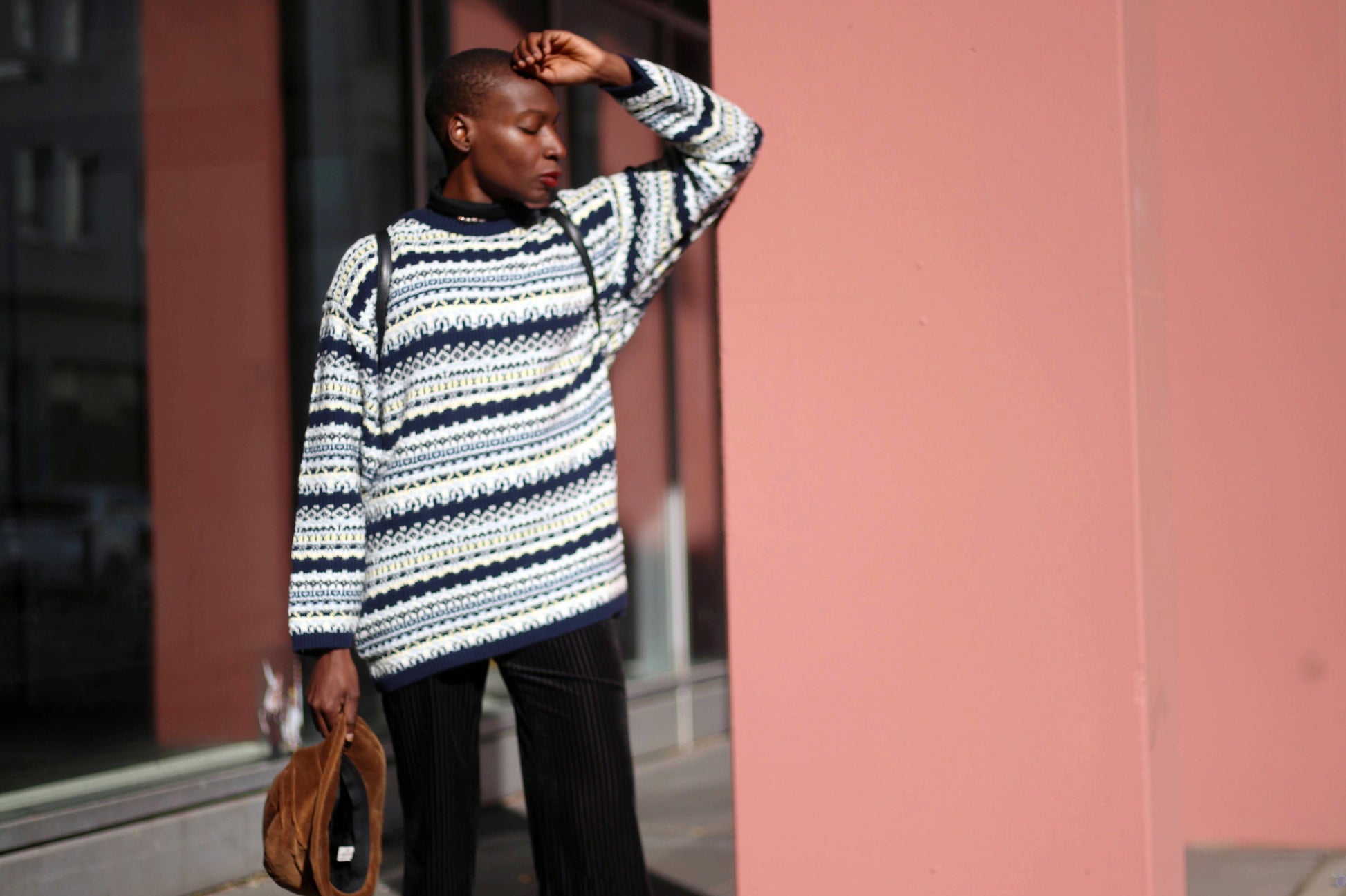 90s knitted sweater| Vintage cozy striped long sleeved knit in blue, white and yellow| Chunky knit minimalist jumper