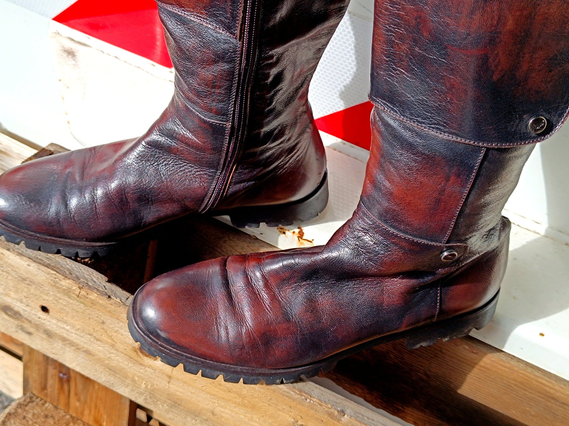 90s Grunge Leather Boots | Vintage red and black knee length boots| Punk inspired tough luxe minimalist shoes size EU 39