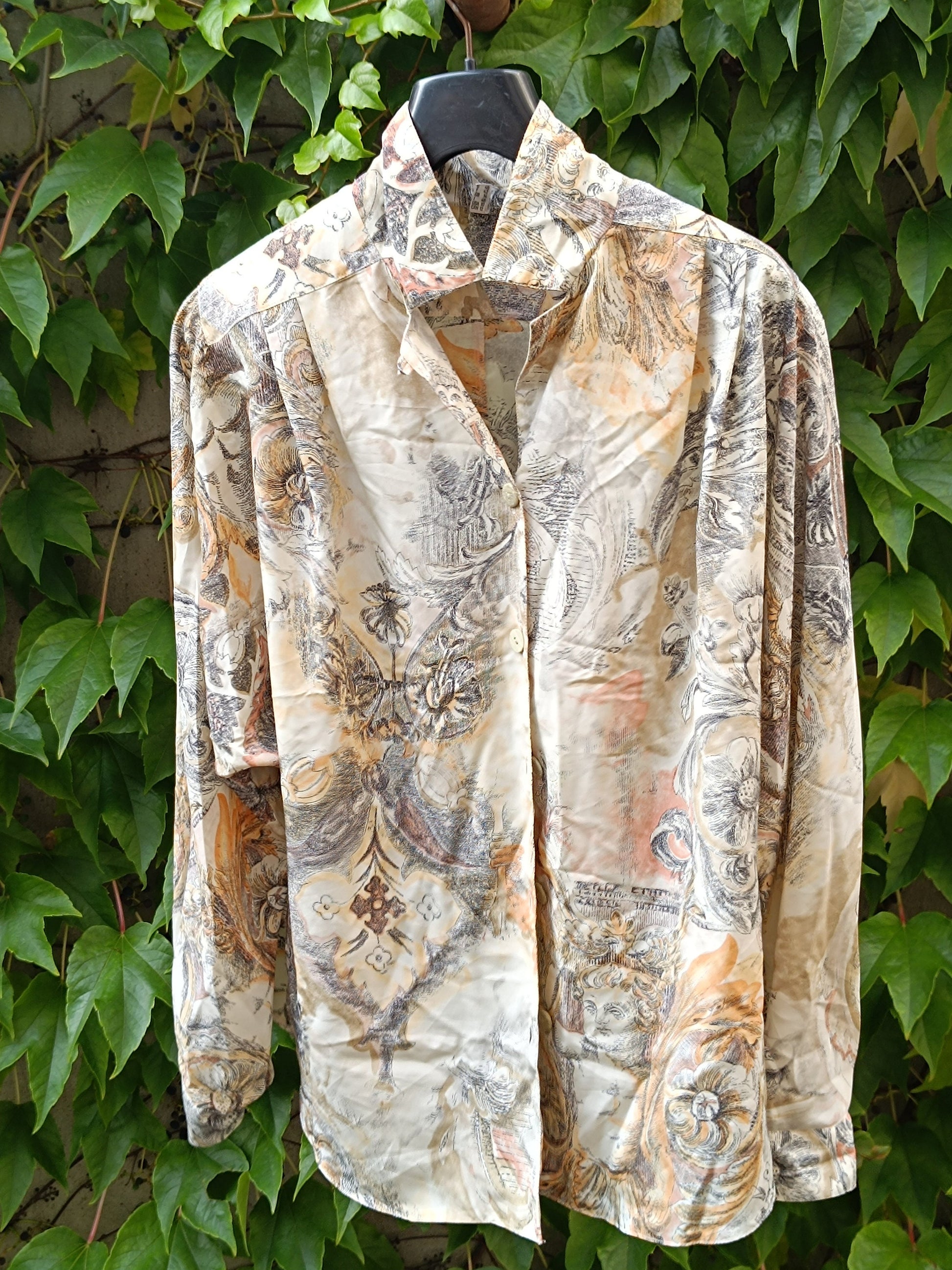 80s crazy print blouse| Vintage Cream and brown Buttoned Down Shirt