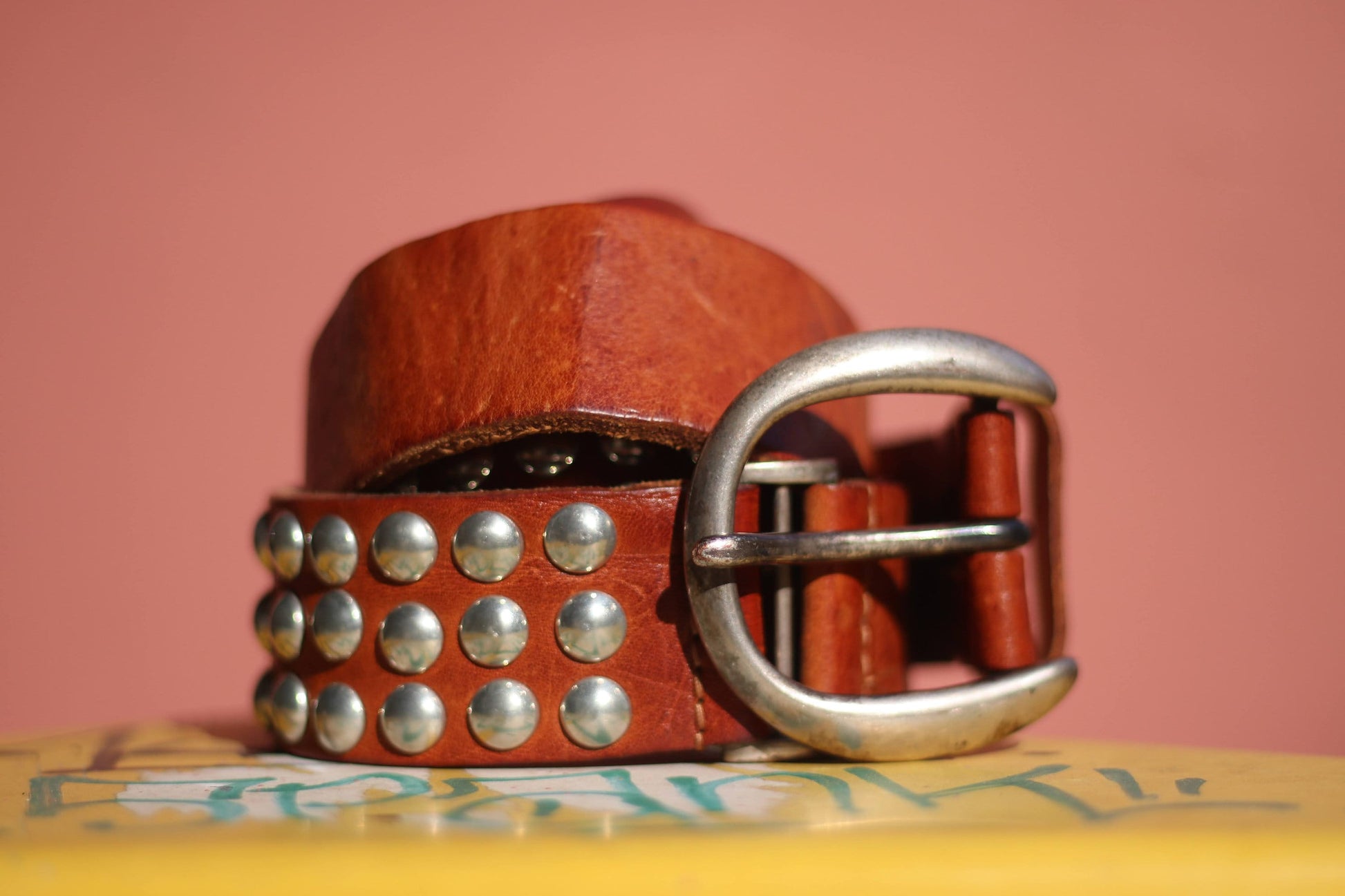 90s Leather Belt in Brown| Vintage brown belt with silver studded details. Americana Boho Cowgirl Belt Buckle