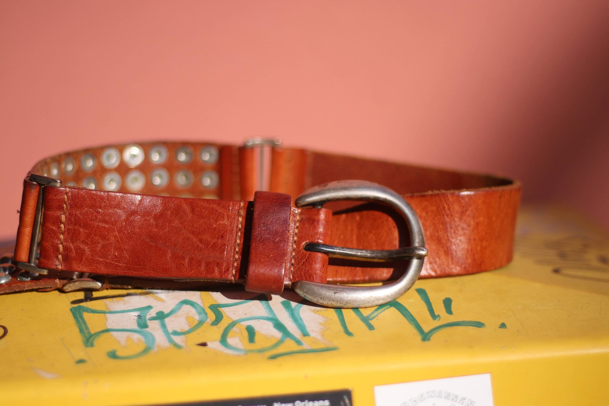 90s Leather Belt in Brown| Vintage brown belt with silver studded details. Americana Boho Cowgirl Belt Buckle