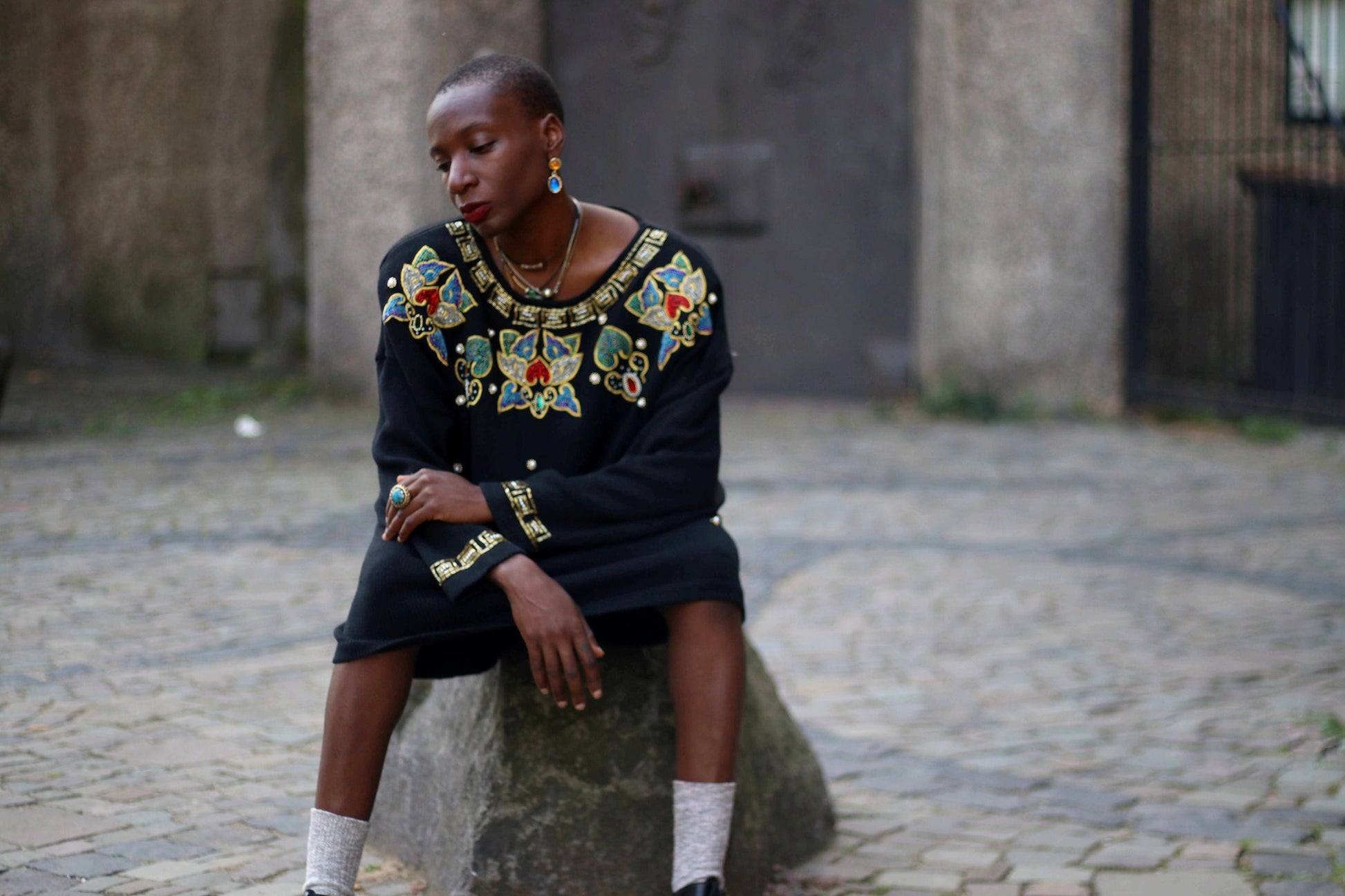 80s V.J Woman Sweater| Vintage black embellished Sweater Dress| Oversized winter knit statement bejewelled details