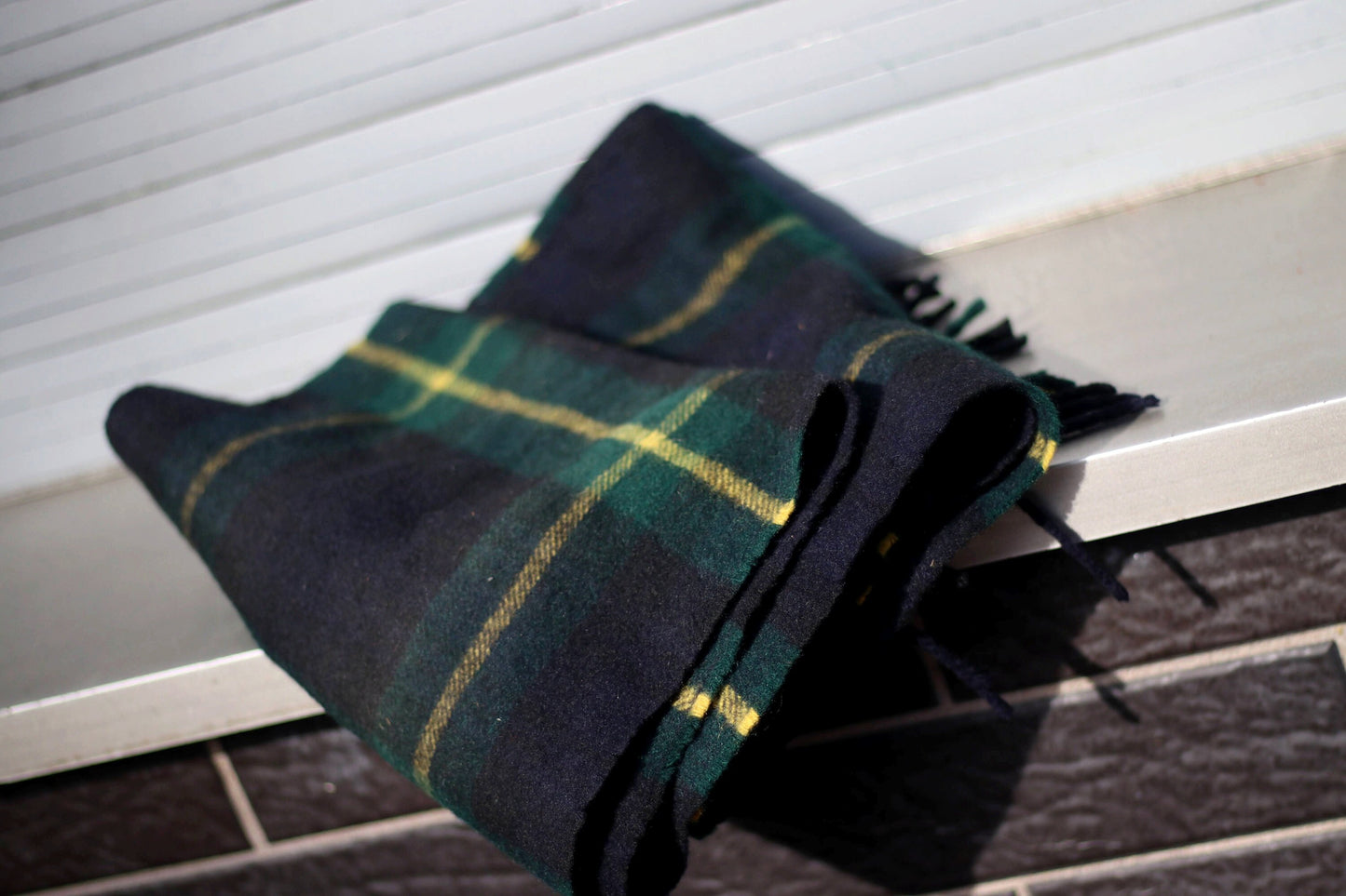 90s Cashmere Scarf| Vintage green and black plaid winter accessory | Minimalist checkered tartan winter wrap
