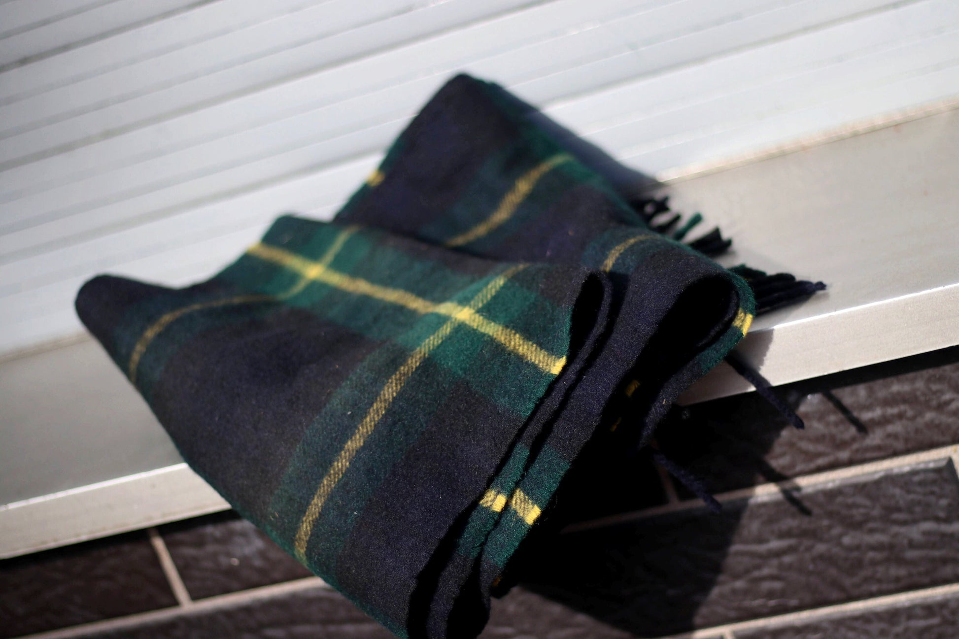 90s Cashmere Scarf| Vintage green and black plaid winter accessory | Minimalist checkered tartan winter wrap