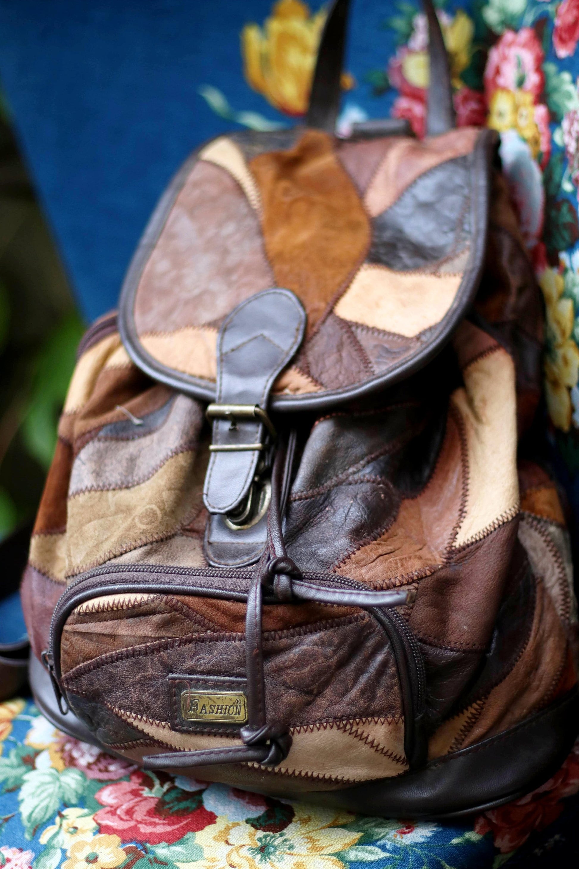 80s Leather Patchwork Backpack| Vintage brown bohoncool bag| Hippy maximalist compact bag design