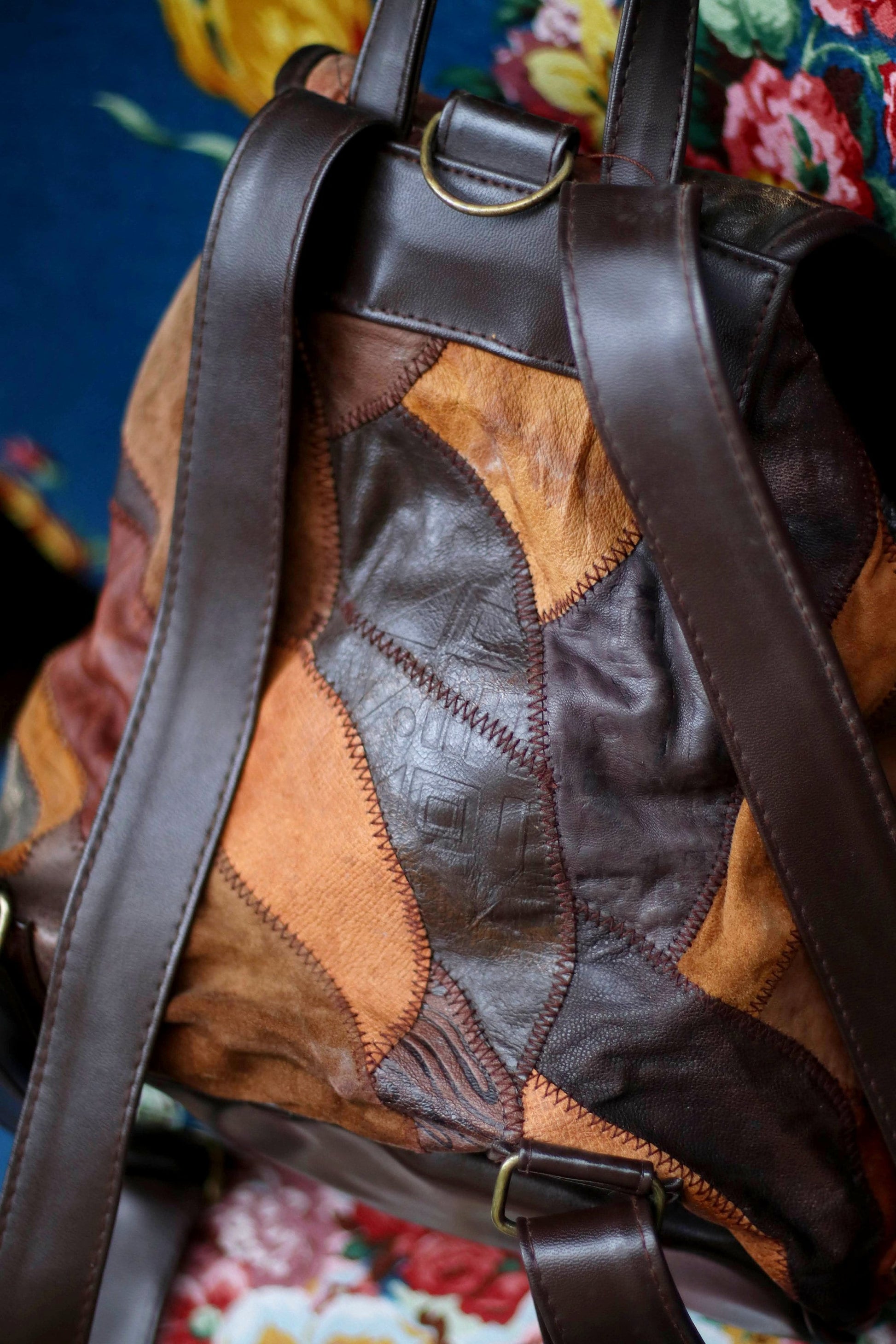 80s Leather Patchwork Backpack| Vintage brown bohoncool bag| Hippy maximalist compact bag design